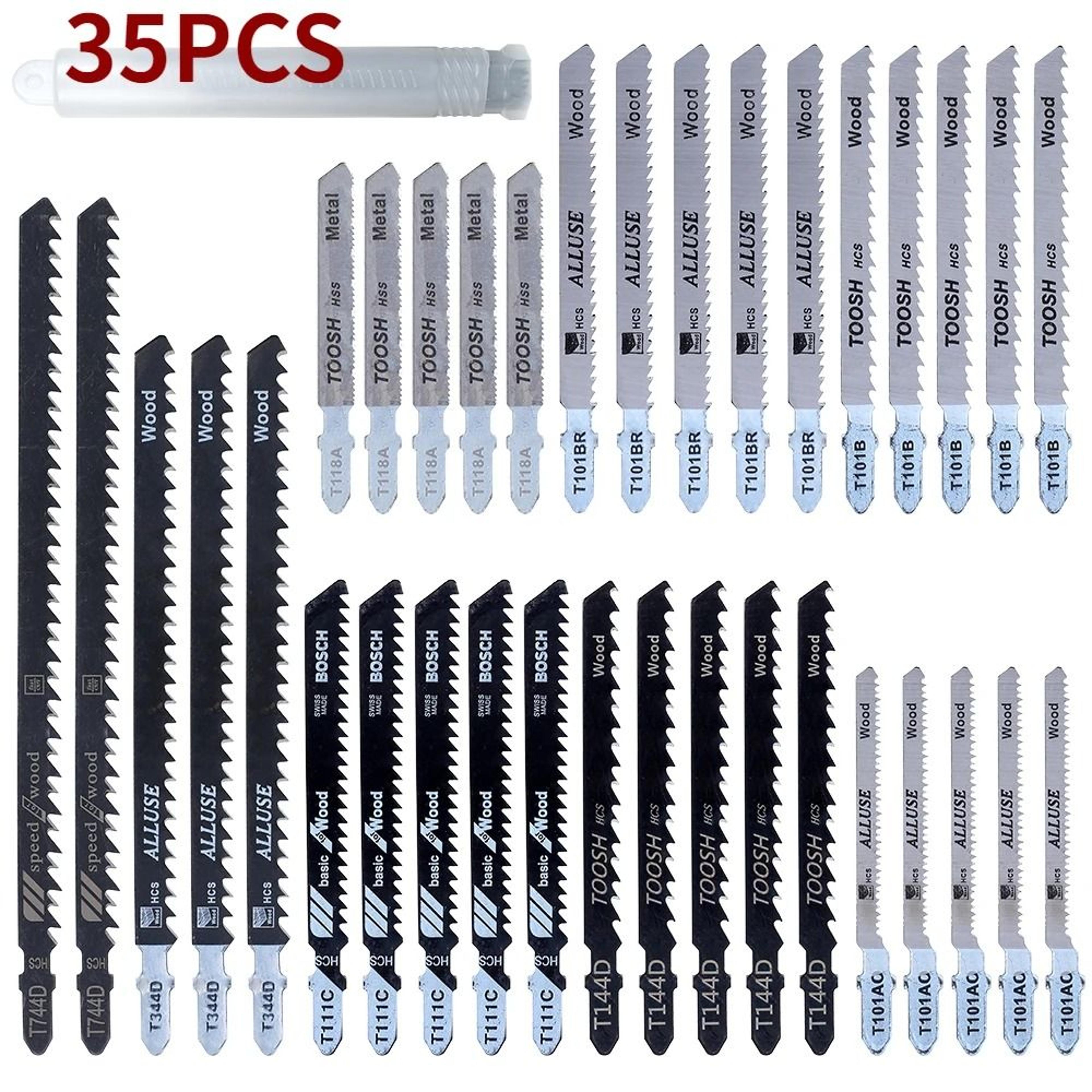 35-piece t-shank jigsaw blade set for woodworking and metal cutting