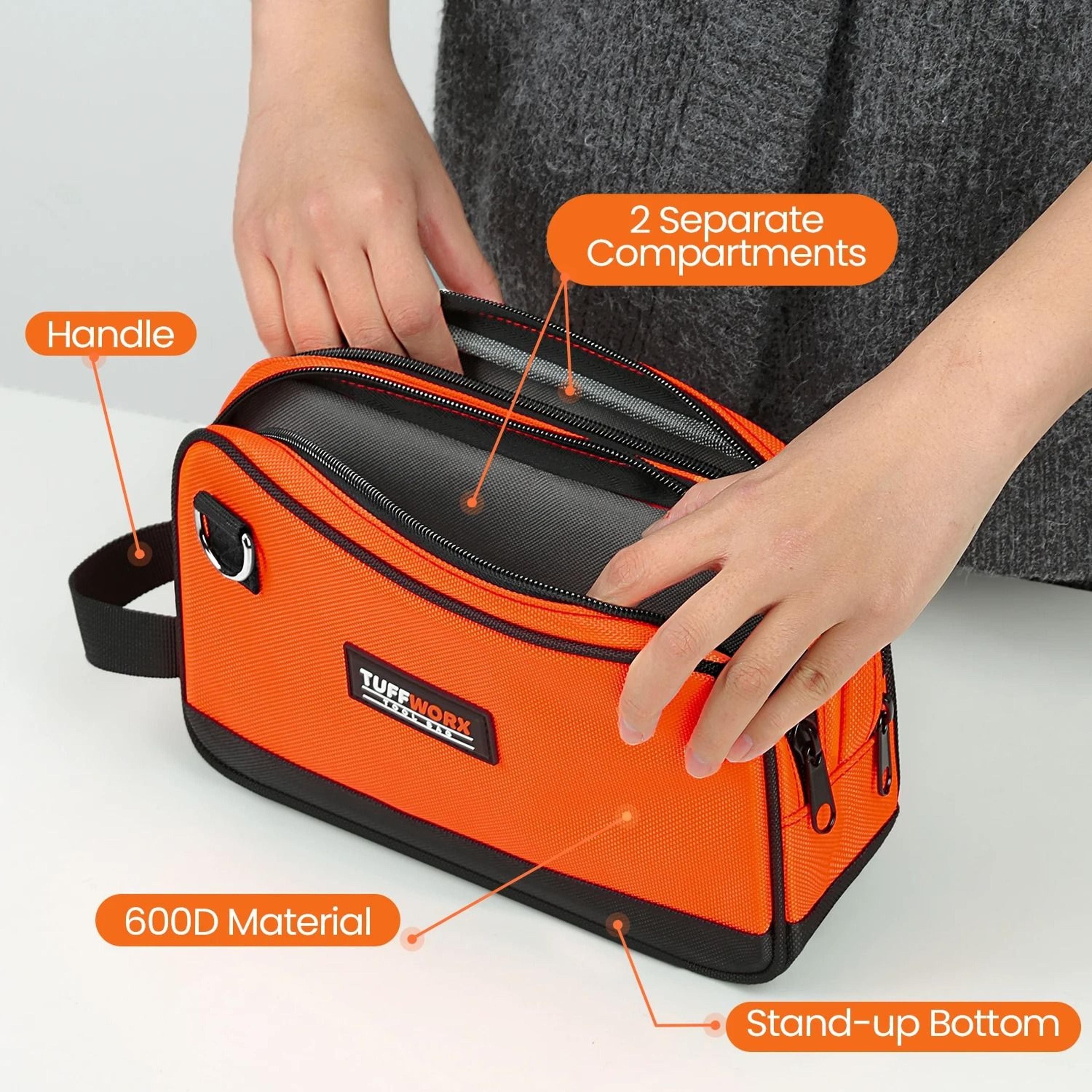 compact double-zip tool bag – high-visibility storage pouch organizer (orange and black)