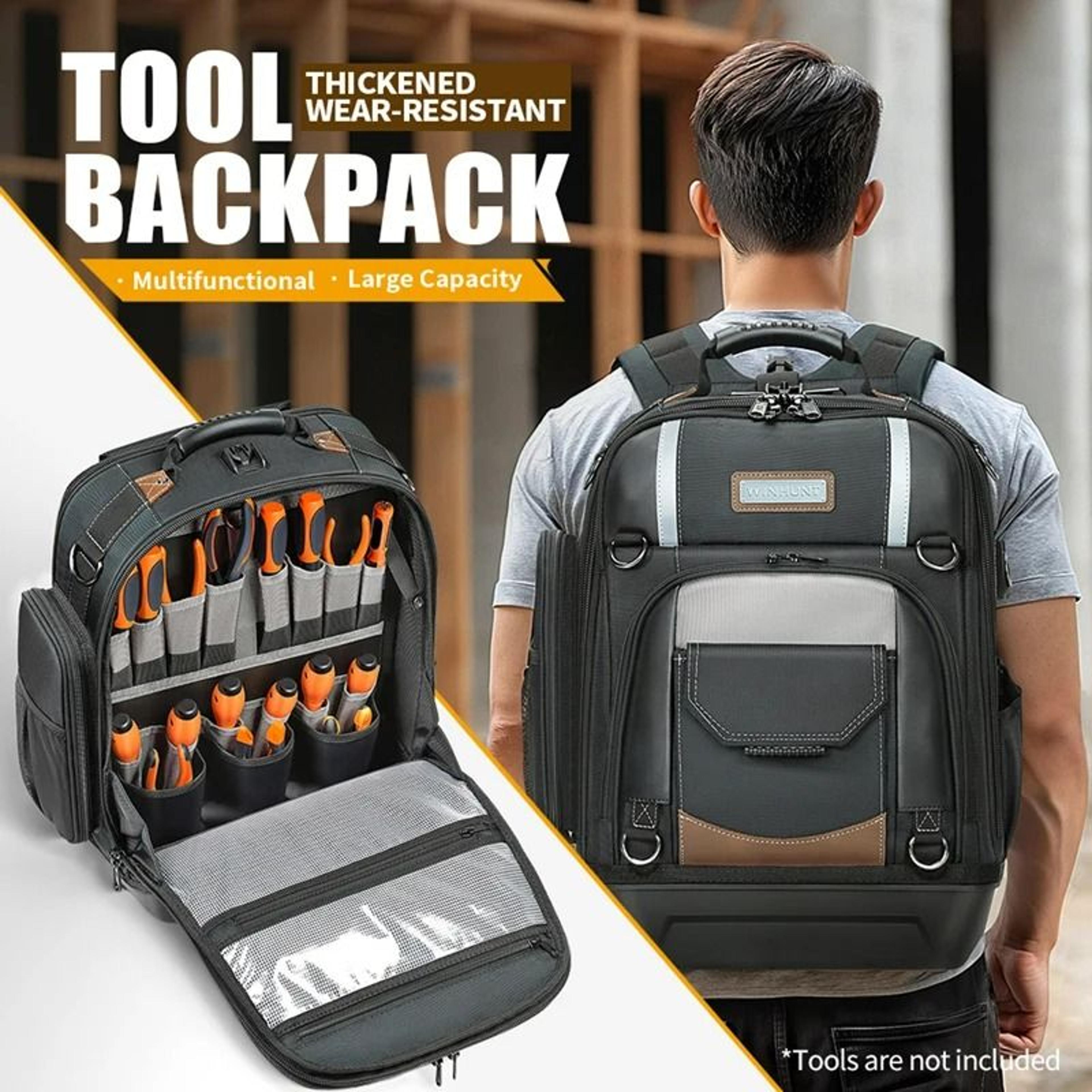 tool backpack – high-capacity electrician's storage organizer with waterproof molded bottom and removable tool carrier