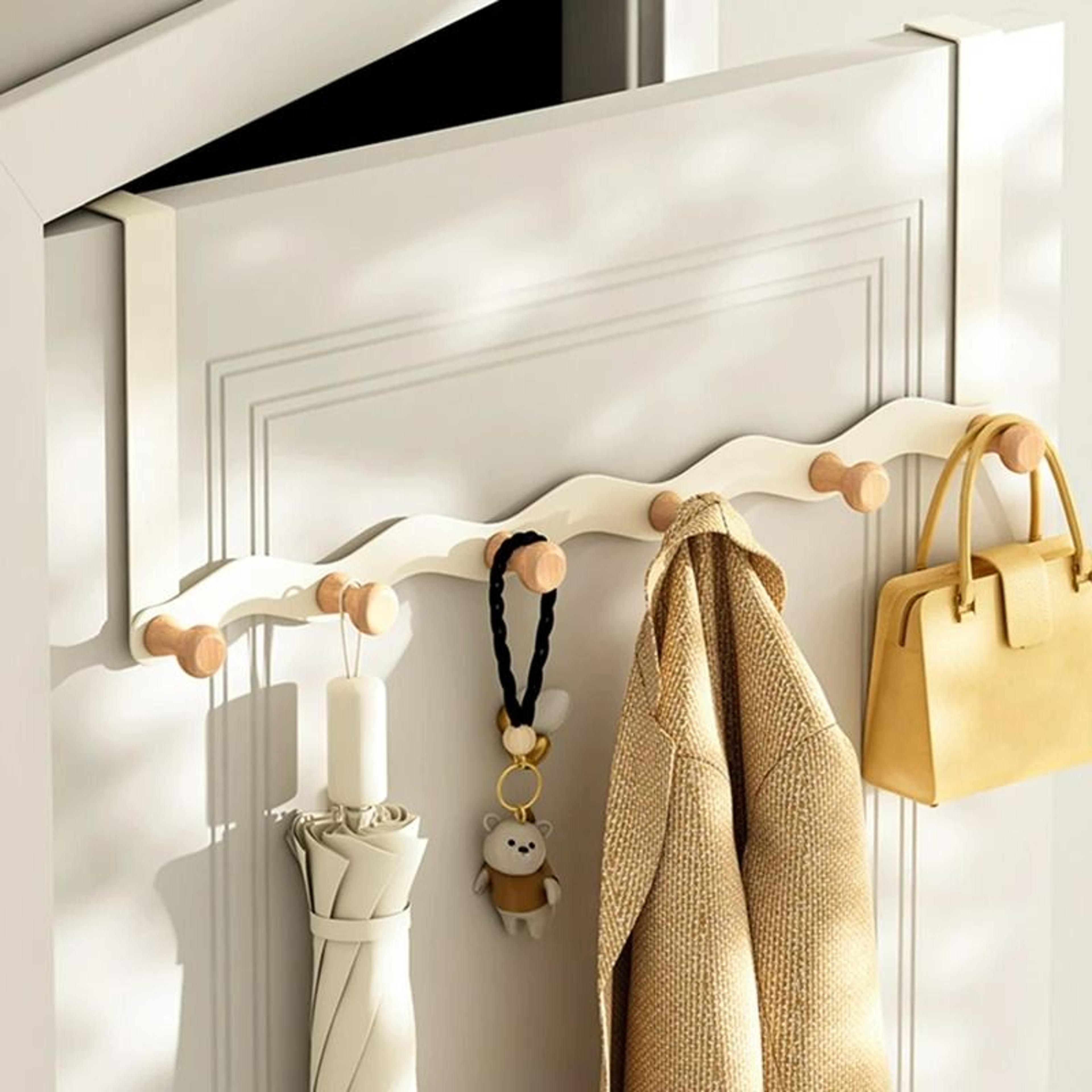 wave-shape over-the-door iron & raw wood organizer rack
