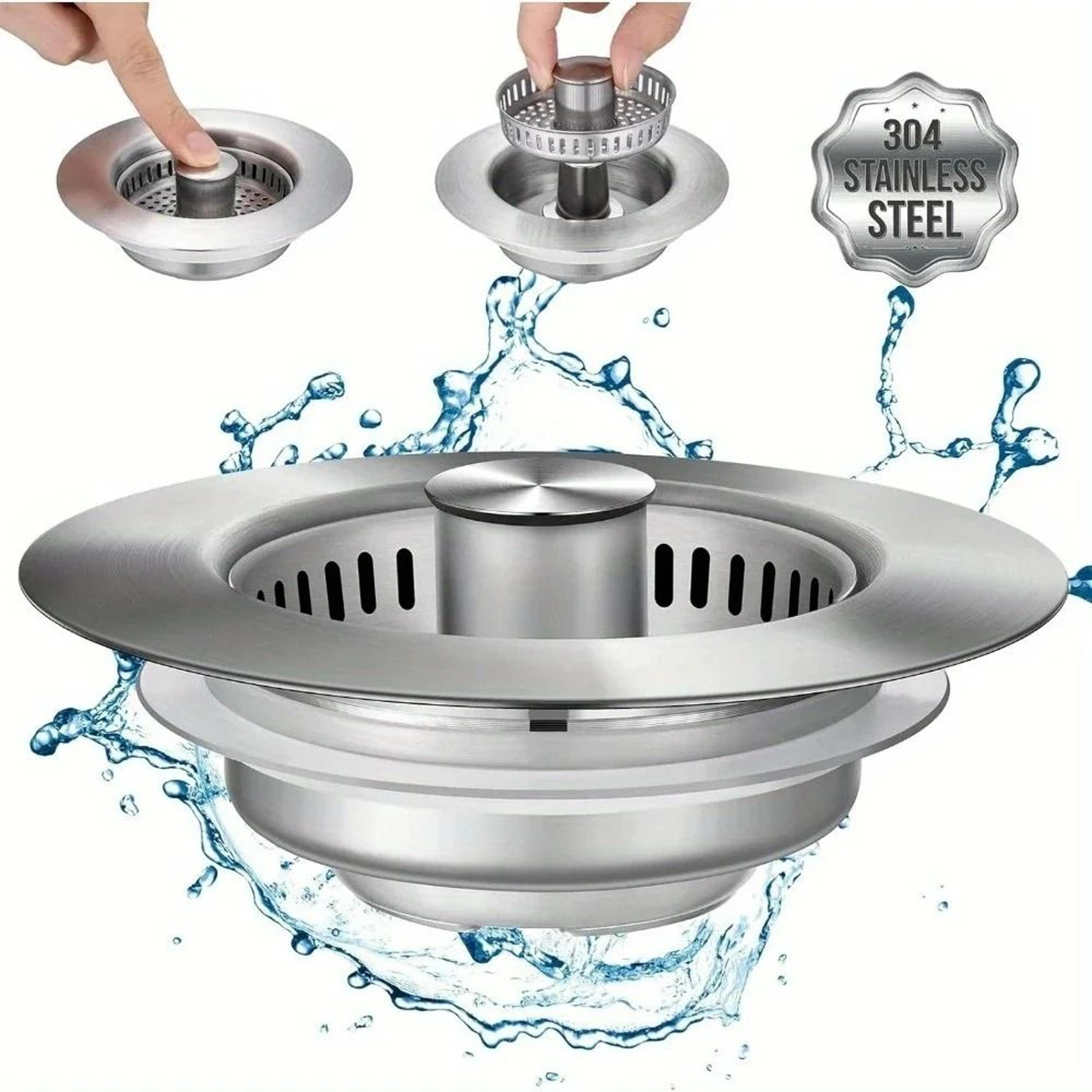 3-in-1 stainless steel kitchen sink strainer and pop-up stopper