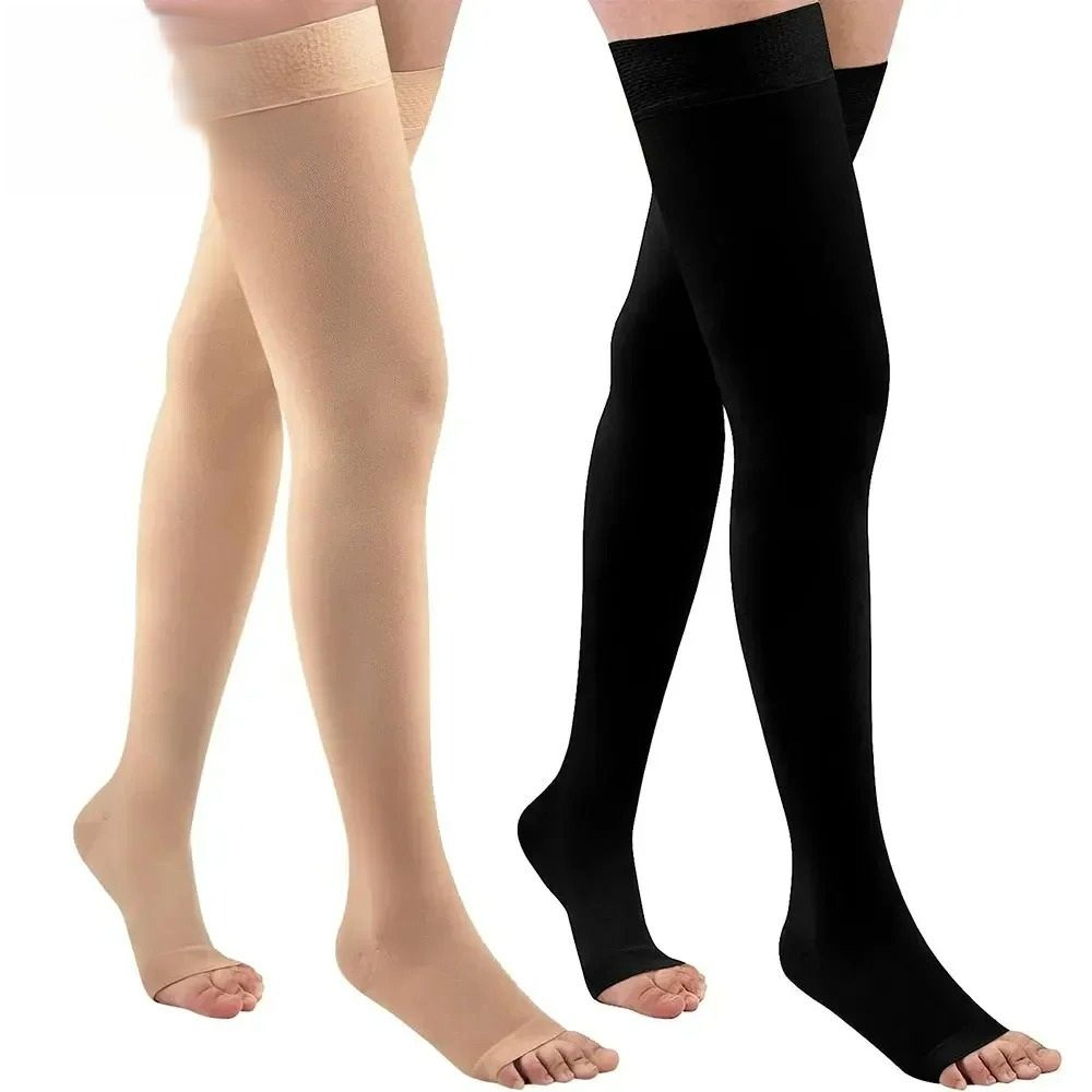thigh-high toeless compression stockings with silicone dot band