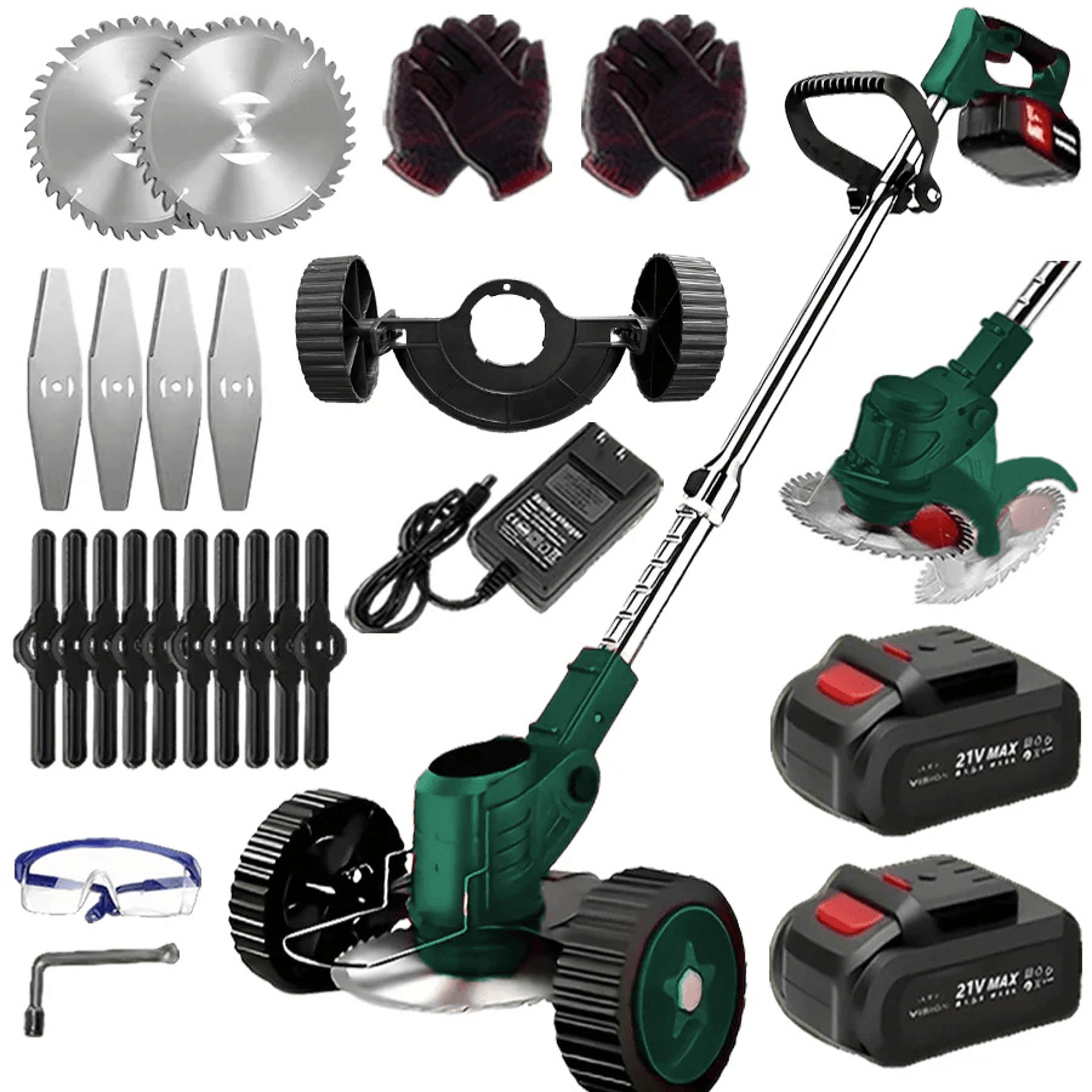 cordless grass trimmer and weed wacker with 2 li ion batteries and 3 blade typess