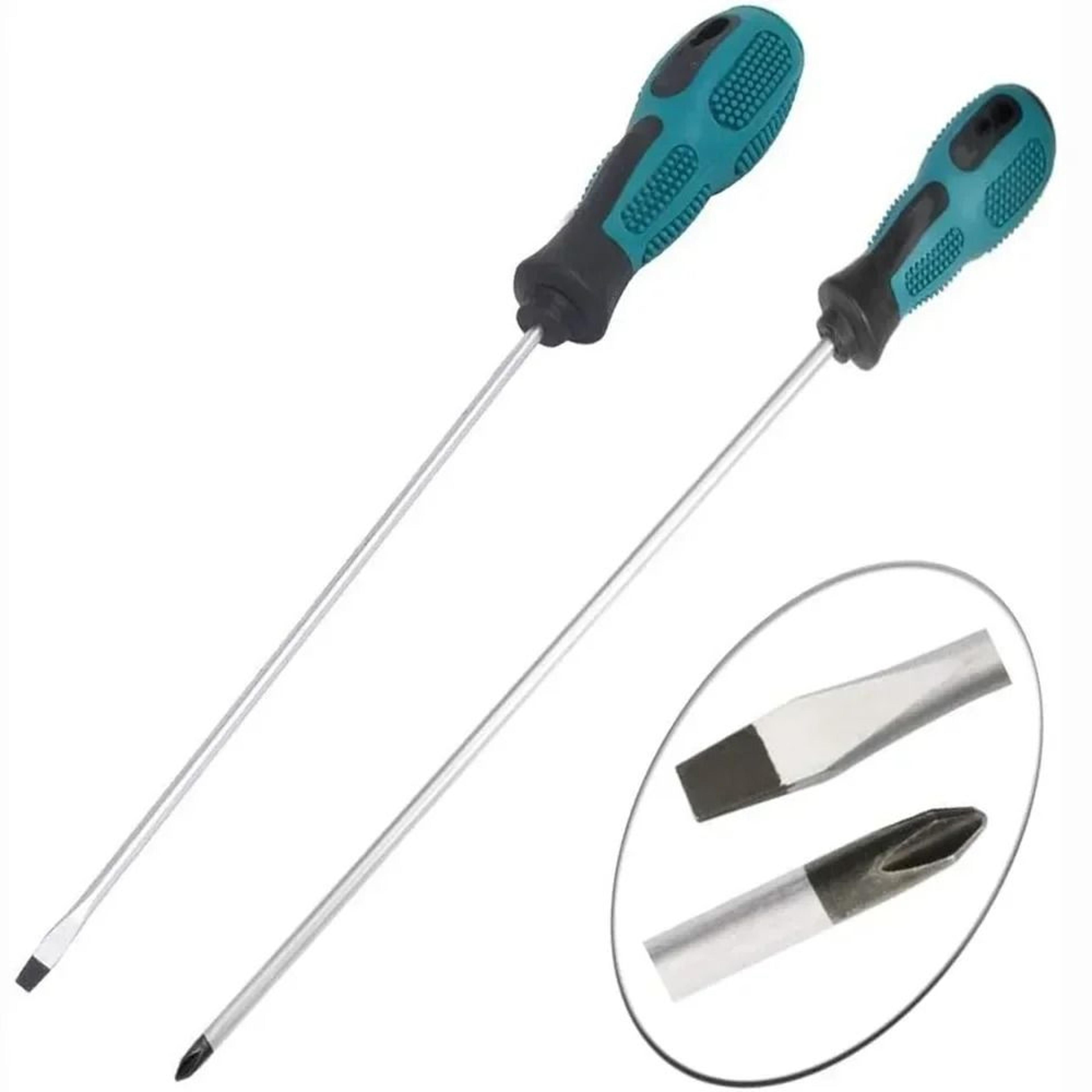extra-long magnetic slotted & phillips screwdriver with ergonomic rubber handle