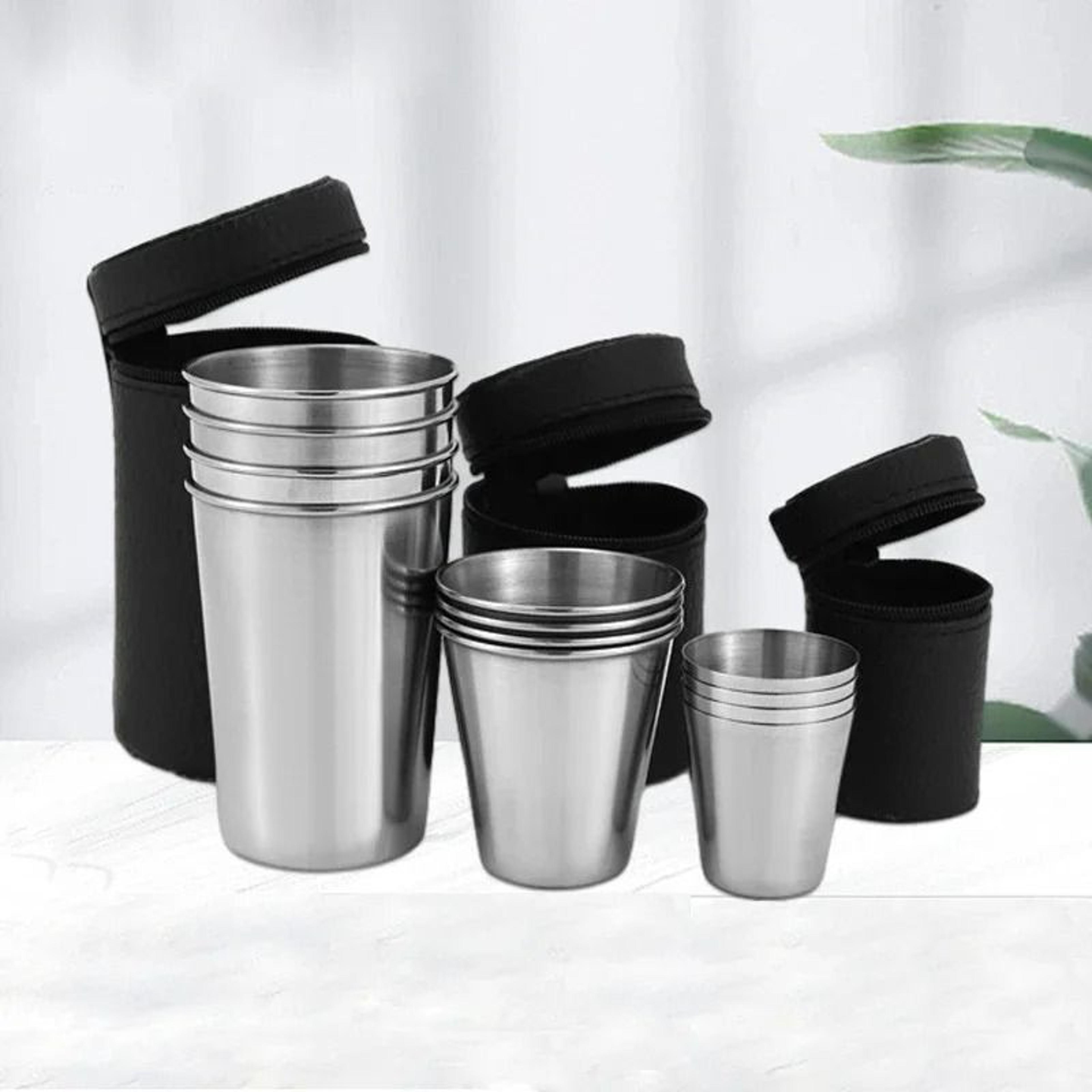 4-piece portable stainless steel mini travel cup set with leather case