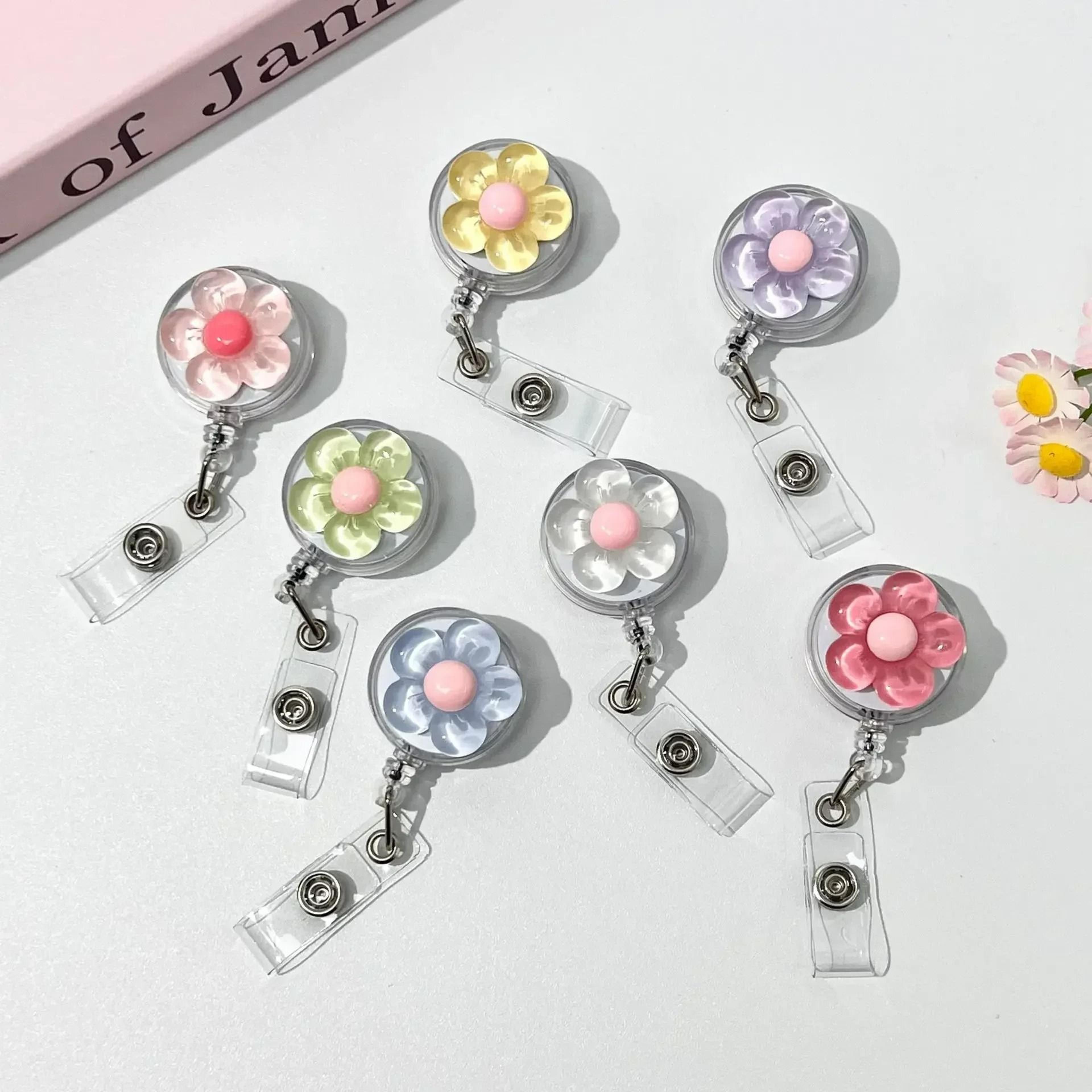 2-piece retractable flower badge reel & name tag holder set