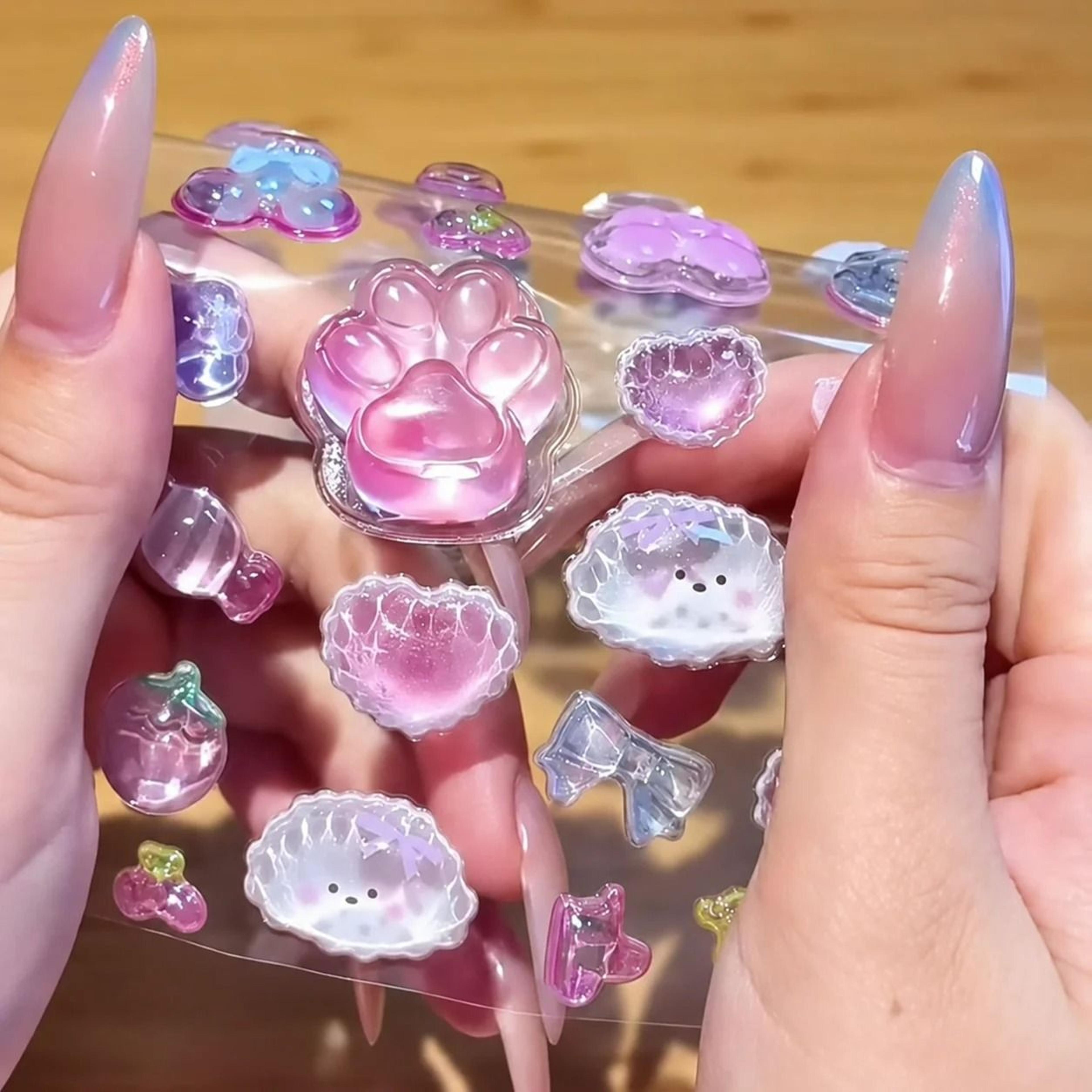 kawaii 3d crystal cat paw squeeze & pinch embossed stickers