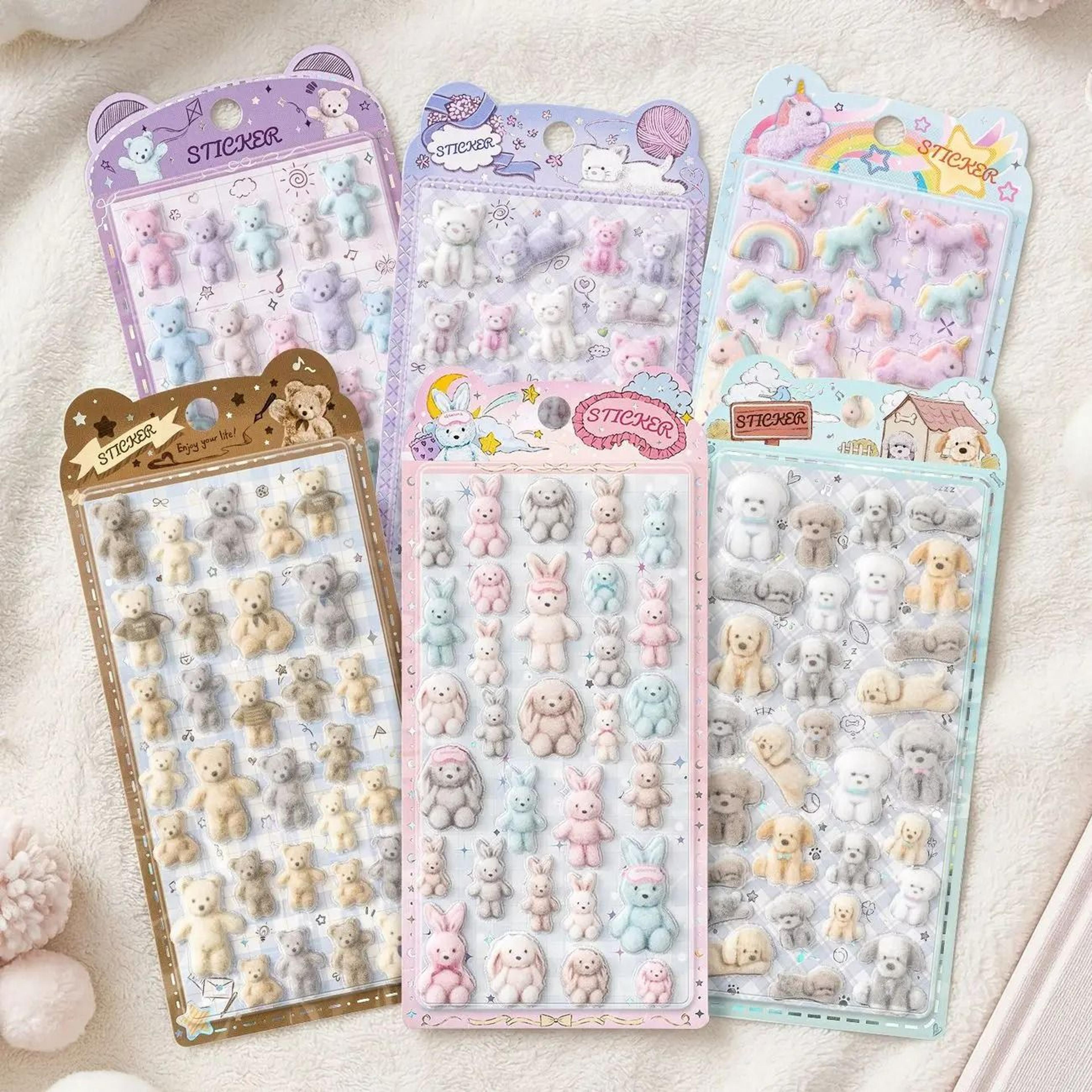 kawaii 3d relief fluffy animal flocked sticker