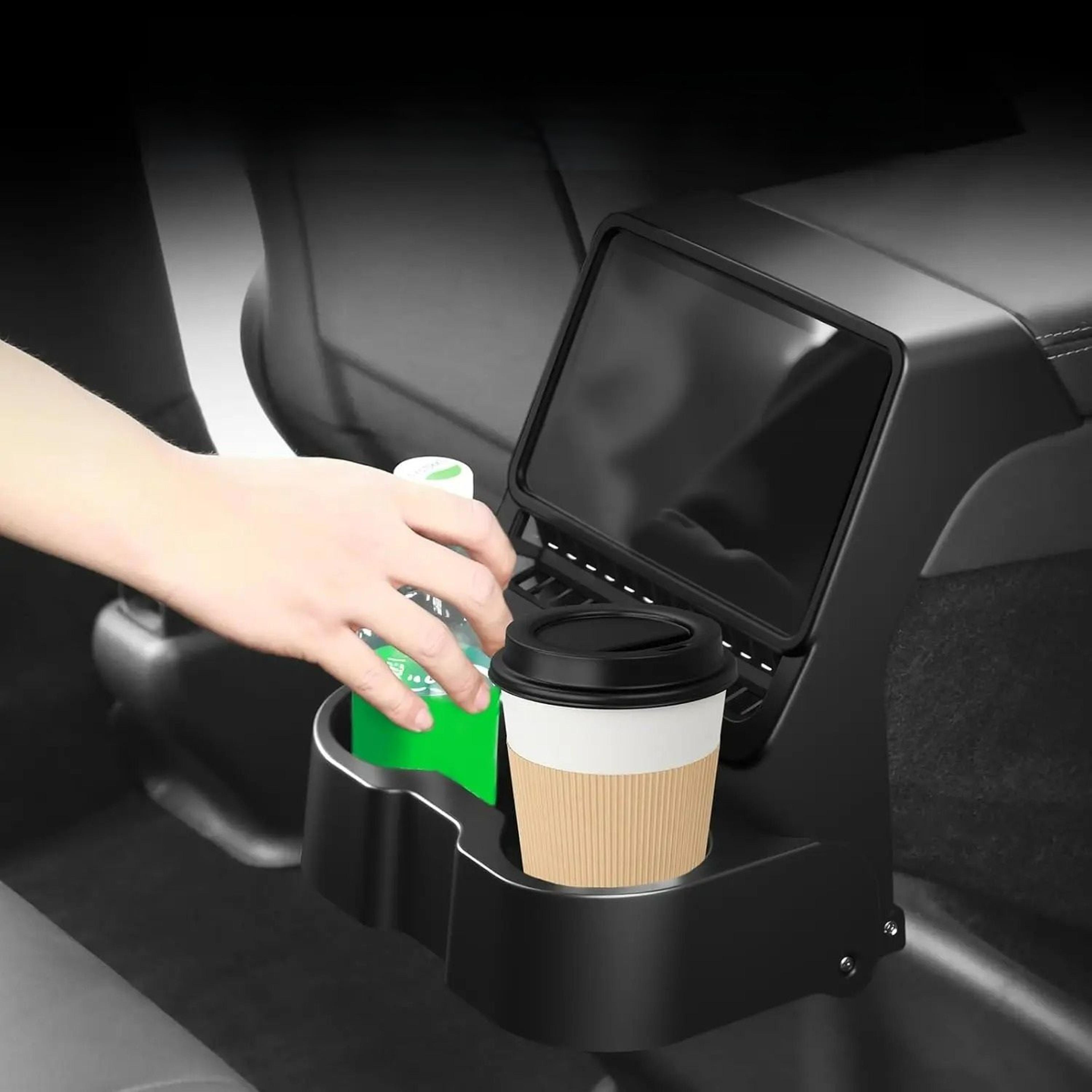 rear center console storage organizer & dual cup holder for tesla model y juniper & model 3 highland
