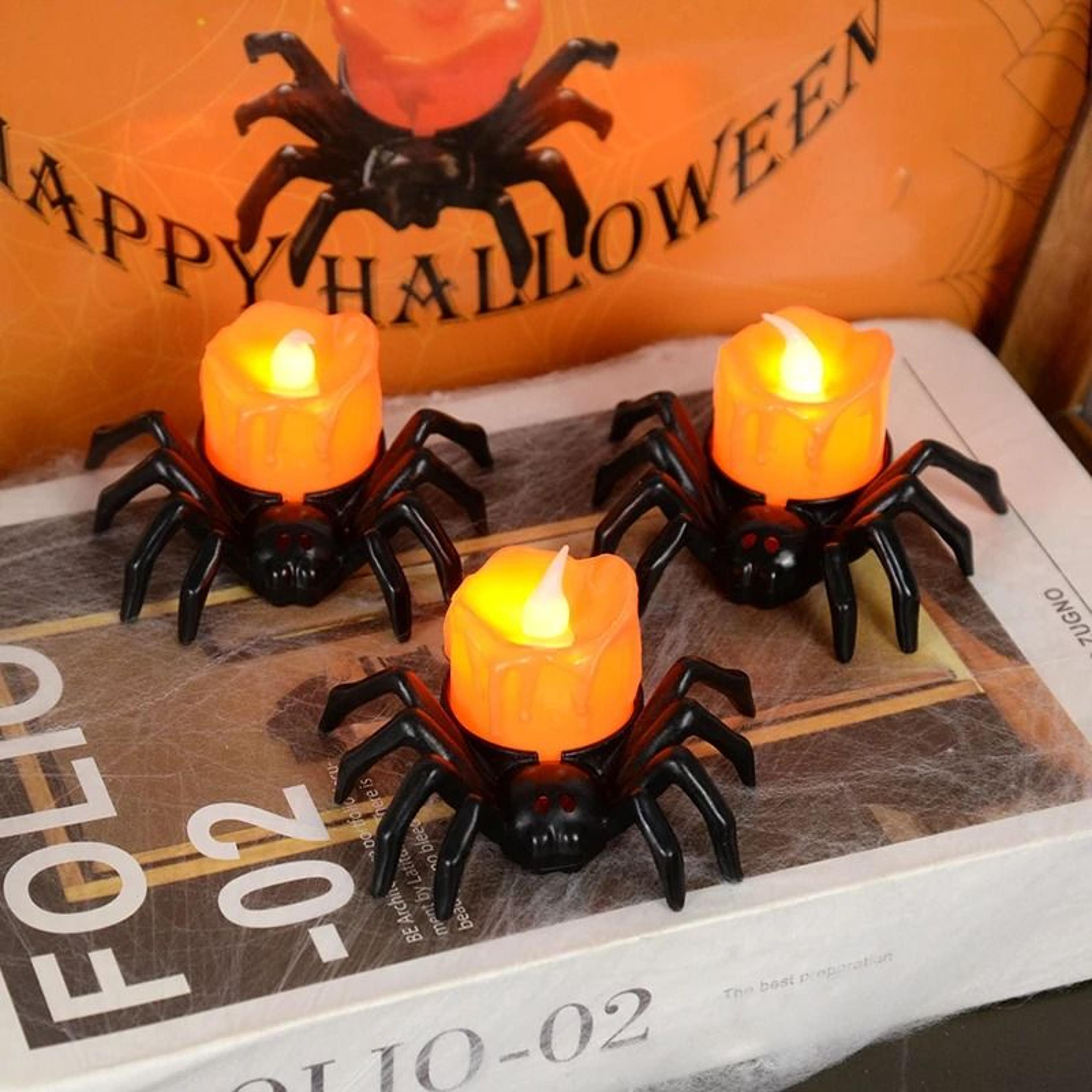 halloween led candle light with plastic spider & pumpkin motifs
