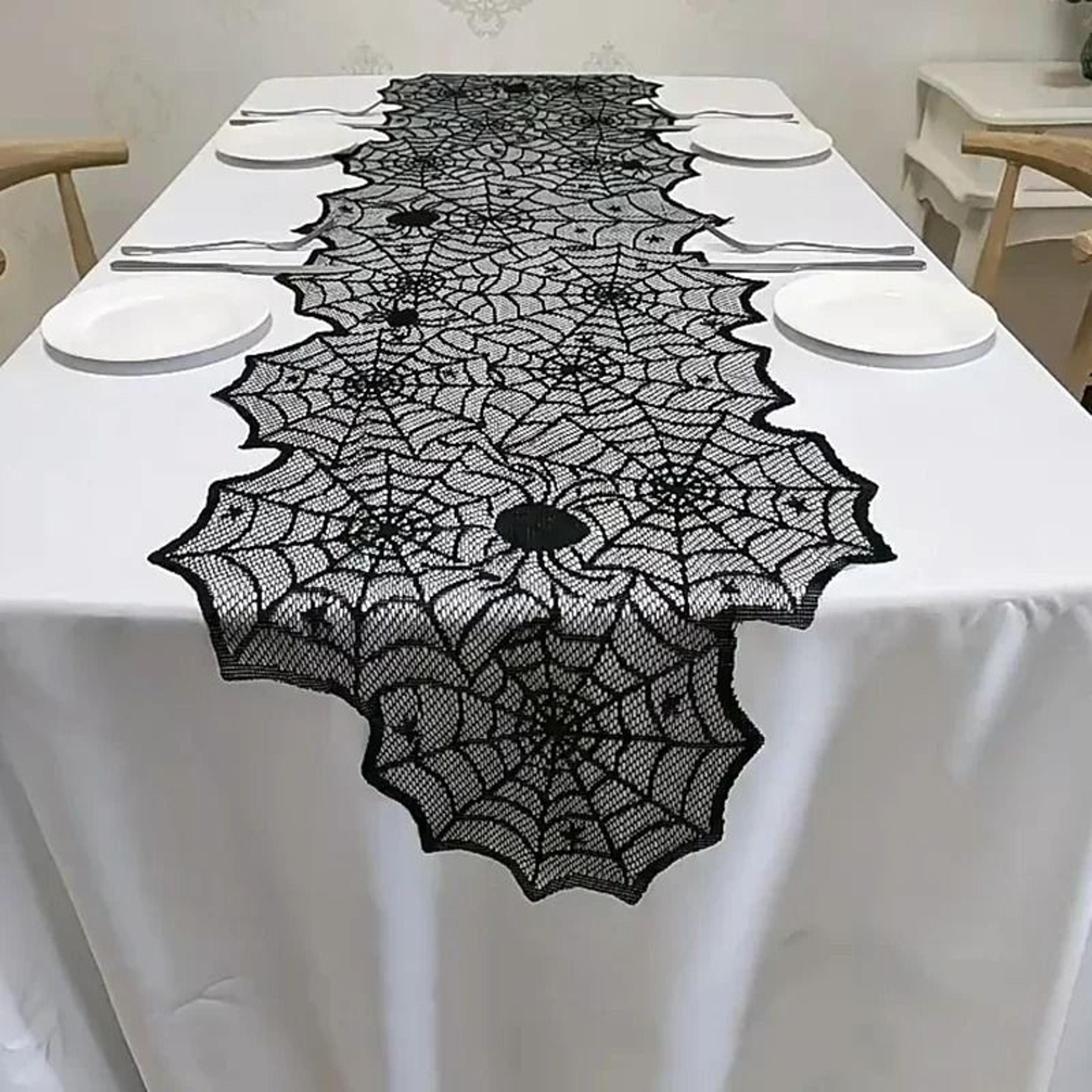 black lace spider web & skull tablecloth & mantel scarf