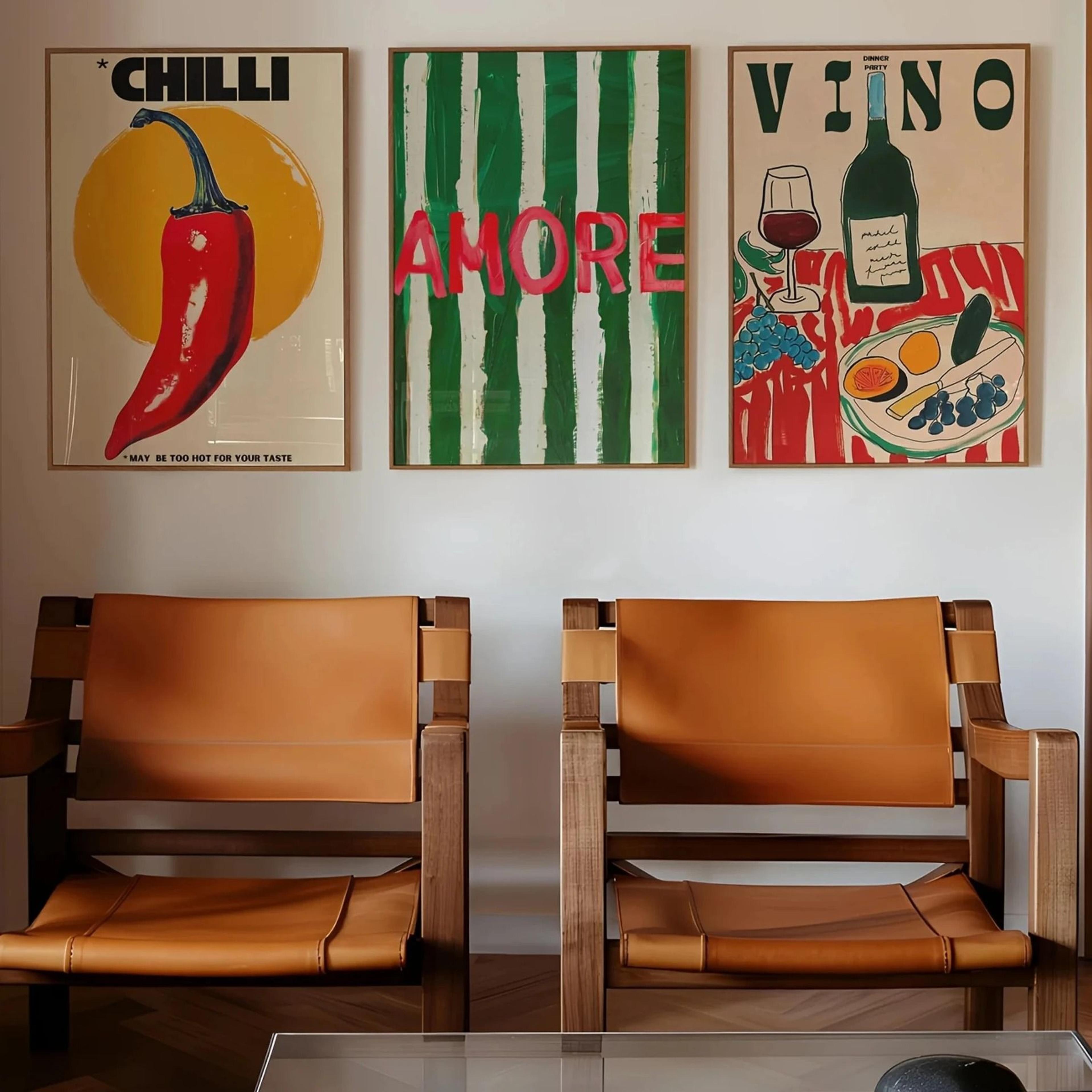 elite amore green striped canvas wine & pepper wall art poster