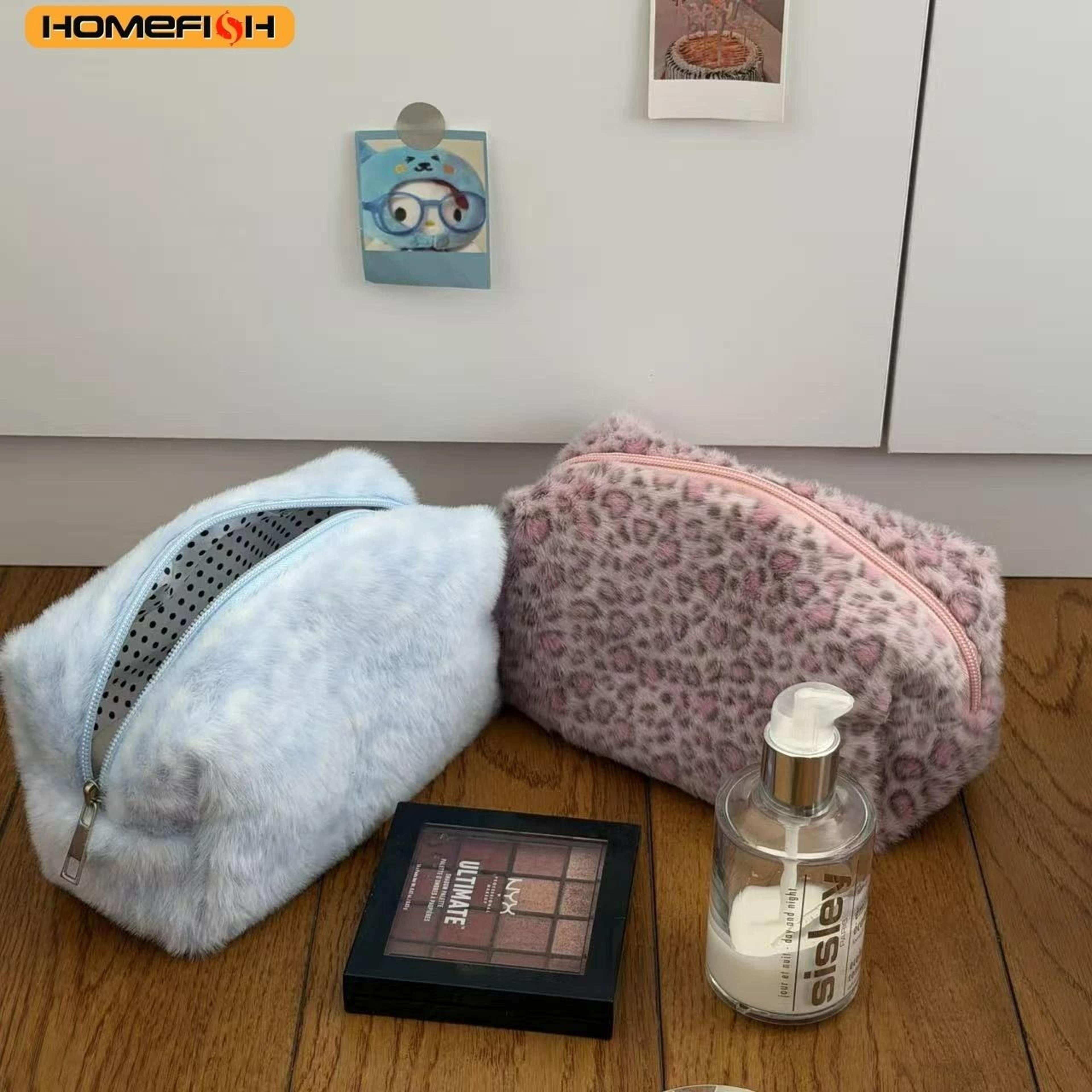 fuzzy leopard print travel cosmetic bag