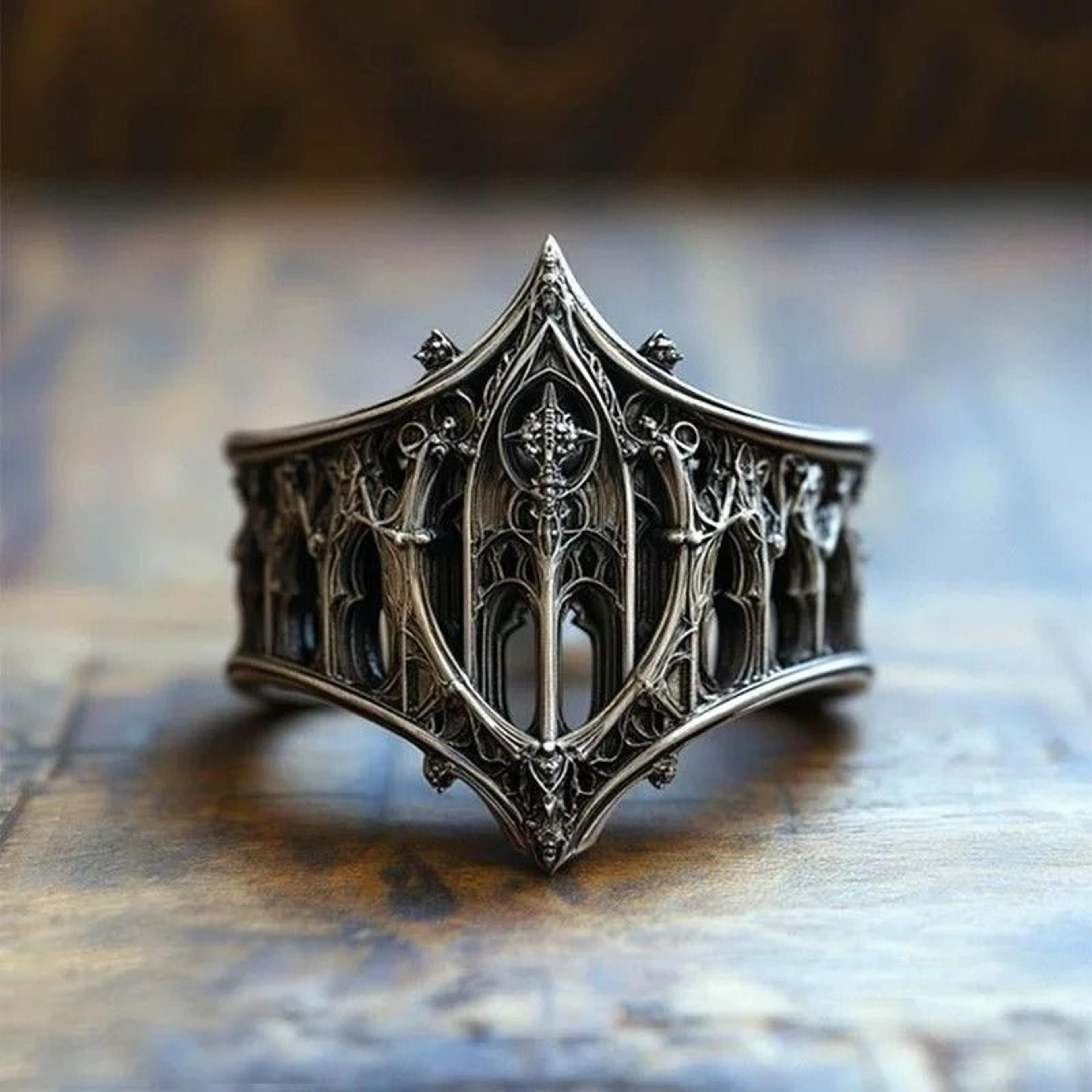 vintage antique silver gothic hollow wide band ring
