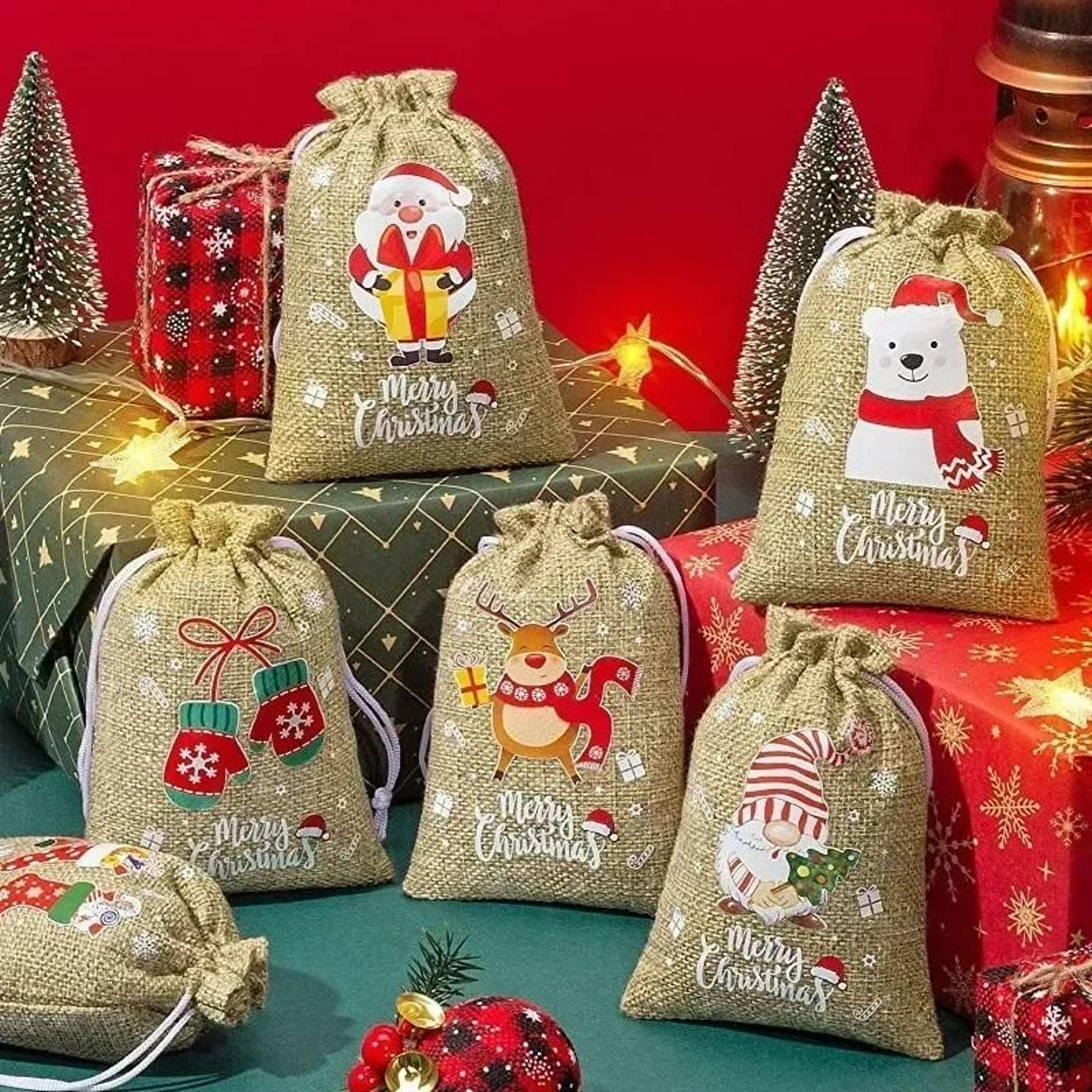 wholesale christmas linen drawstring gift bags (5-pack)