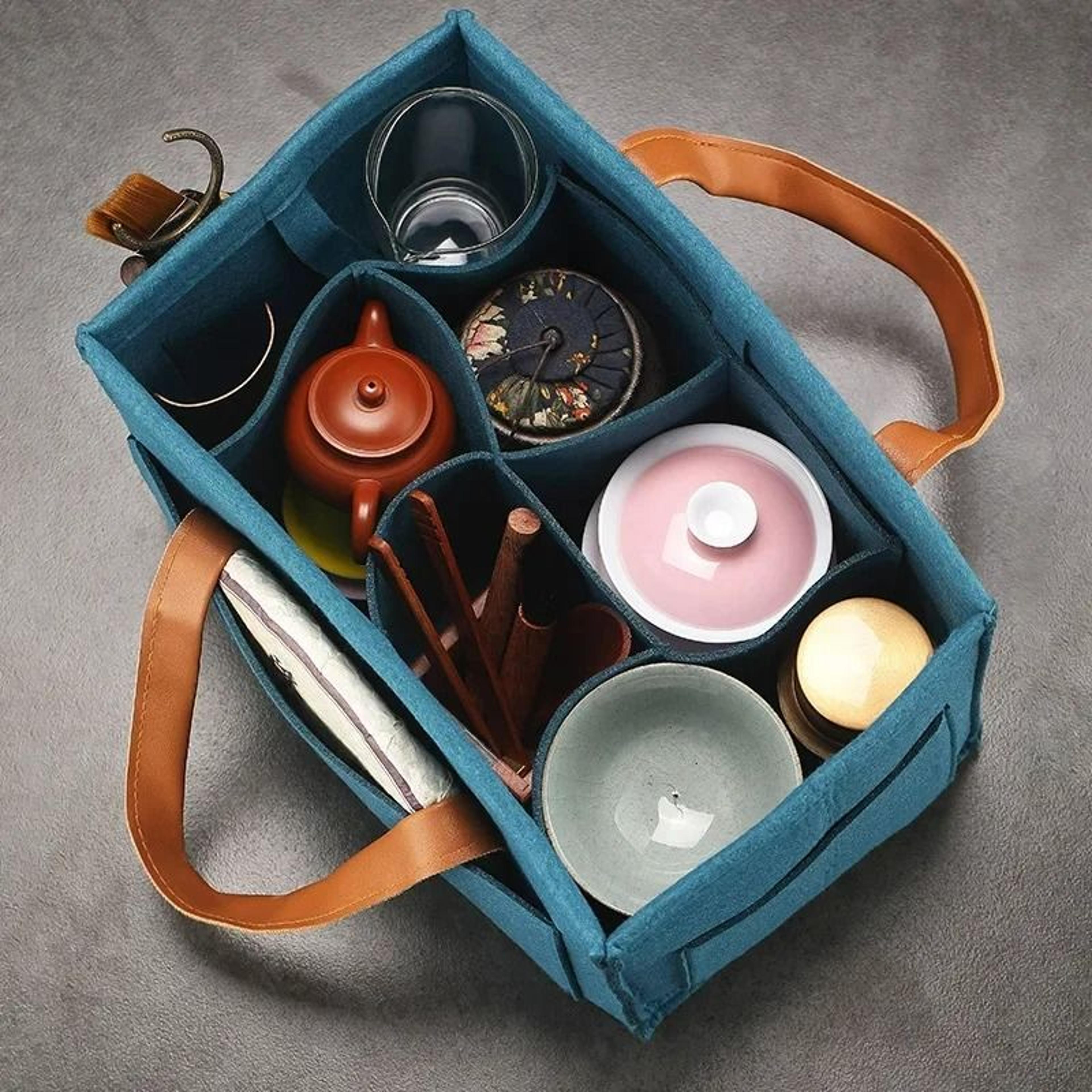 portable travel tea set storage bag