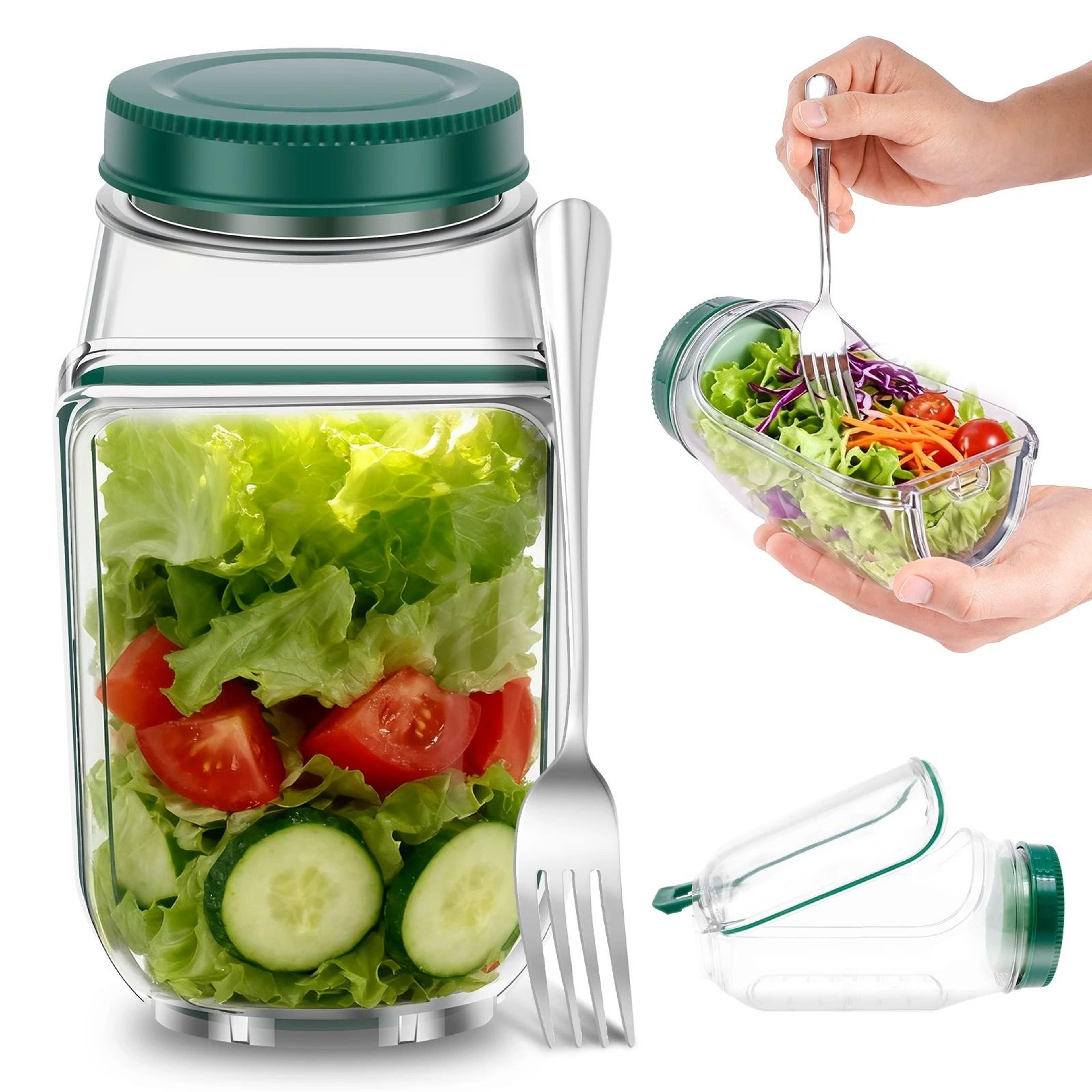 portable side-opening salad jar with stainless steel fork