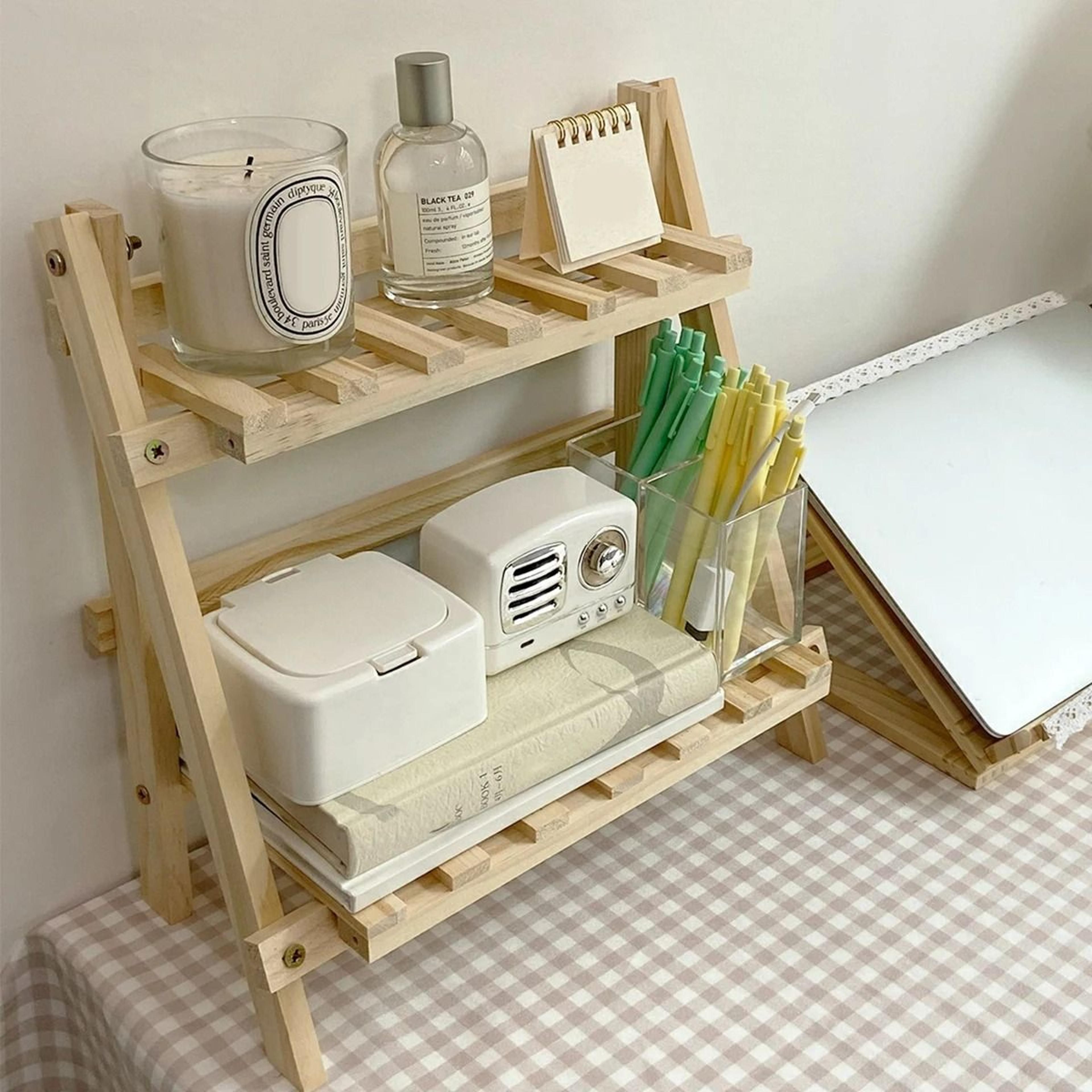 desktop storage double-layer wooden corner folding shelf
