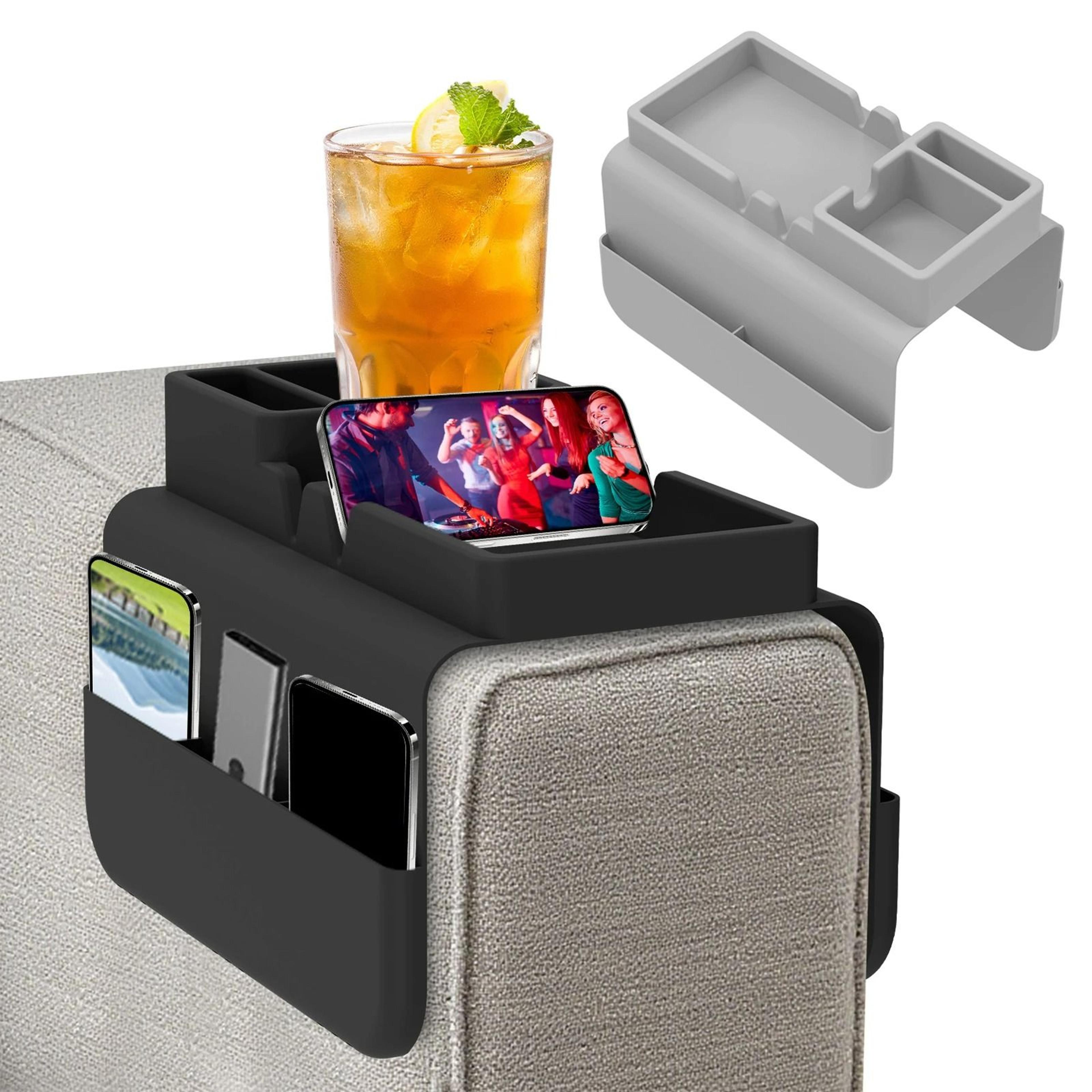 silicone sofa armrest cup holder tray with side storage pocket