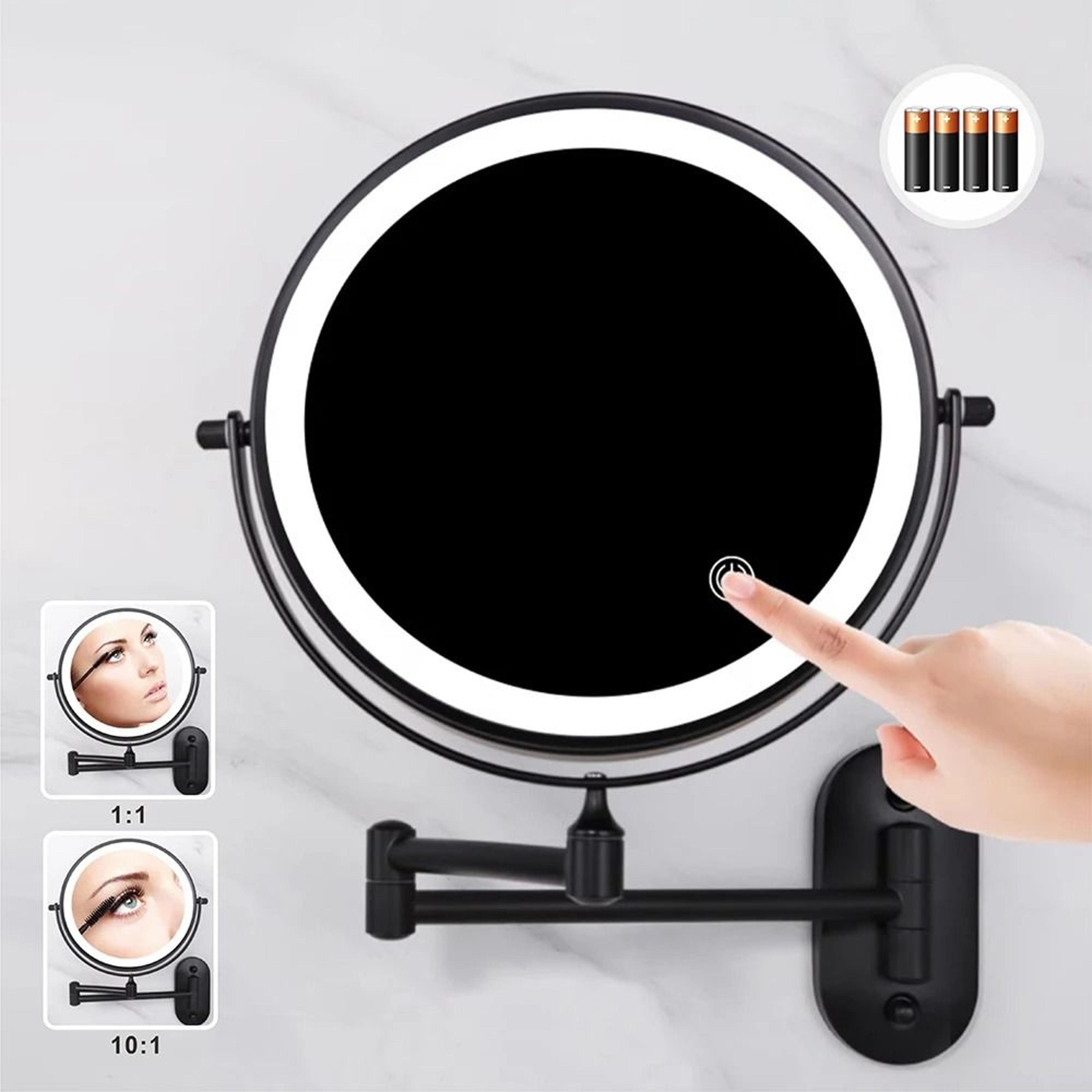 8-inch wall-mounted lighted makeup mirror with 10x magnification