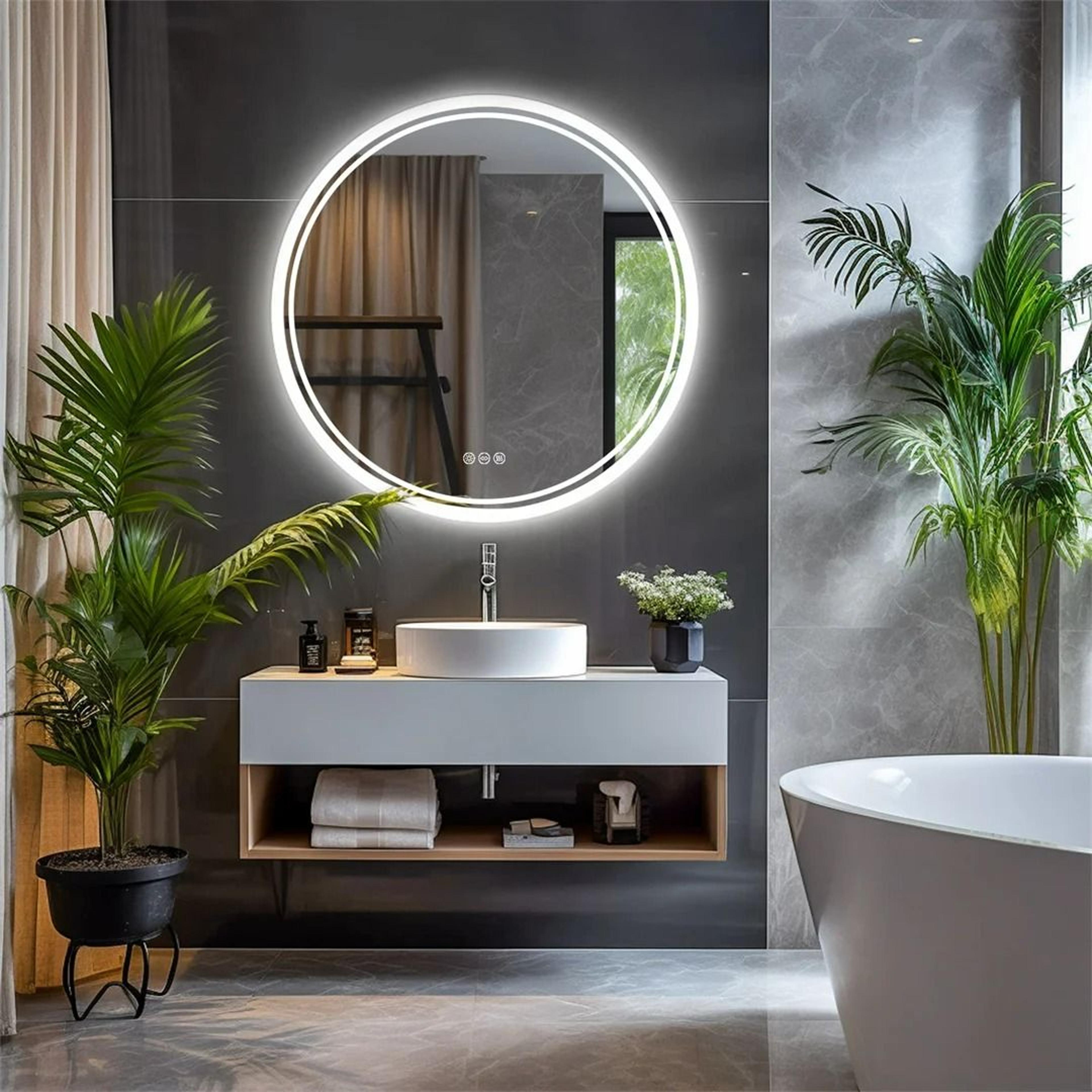round led backlit bathroom mirror with touch controls & defogger