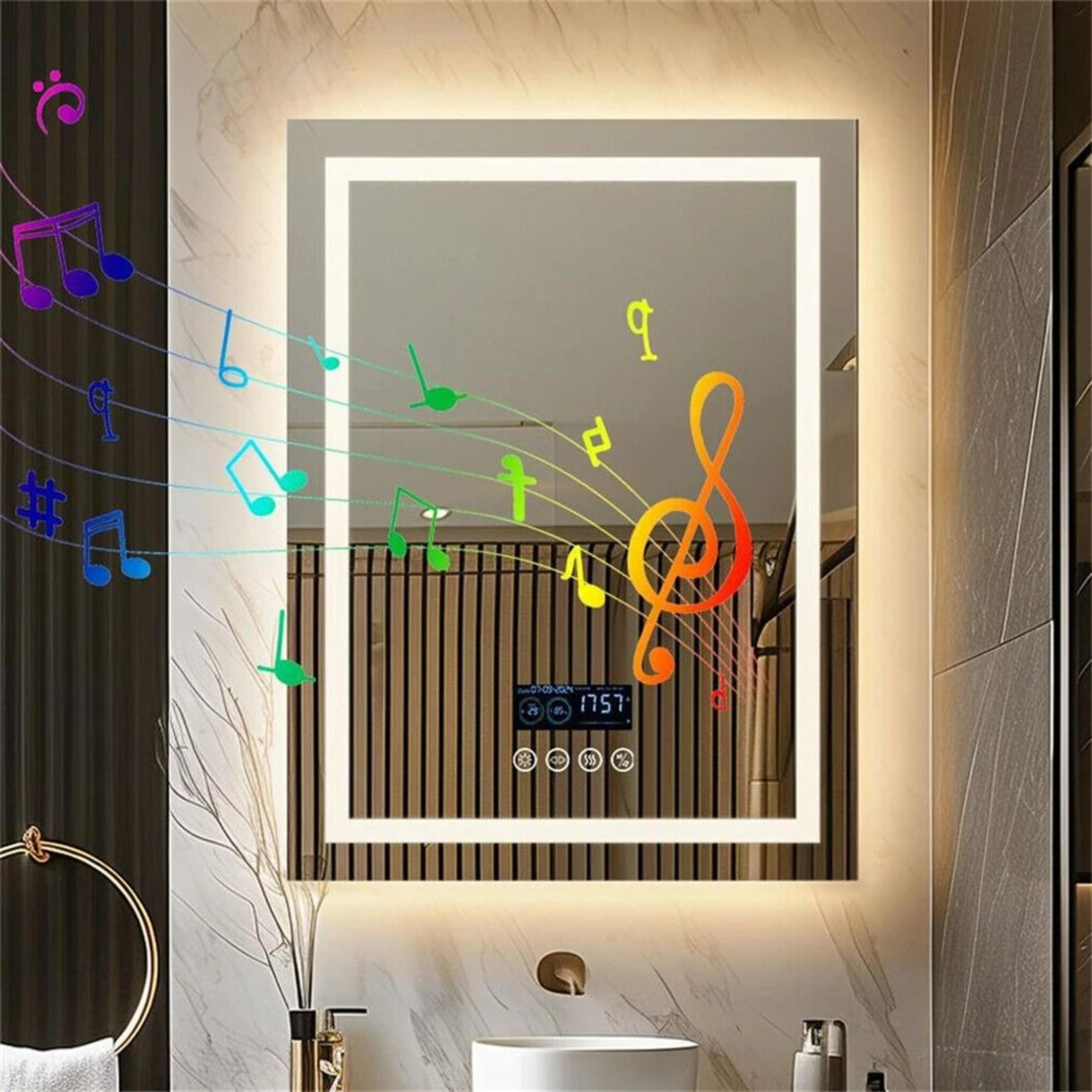 smart led bathroom mirror with bluetooth speaker, clock & dual lighting