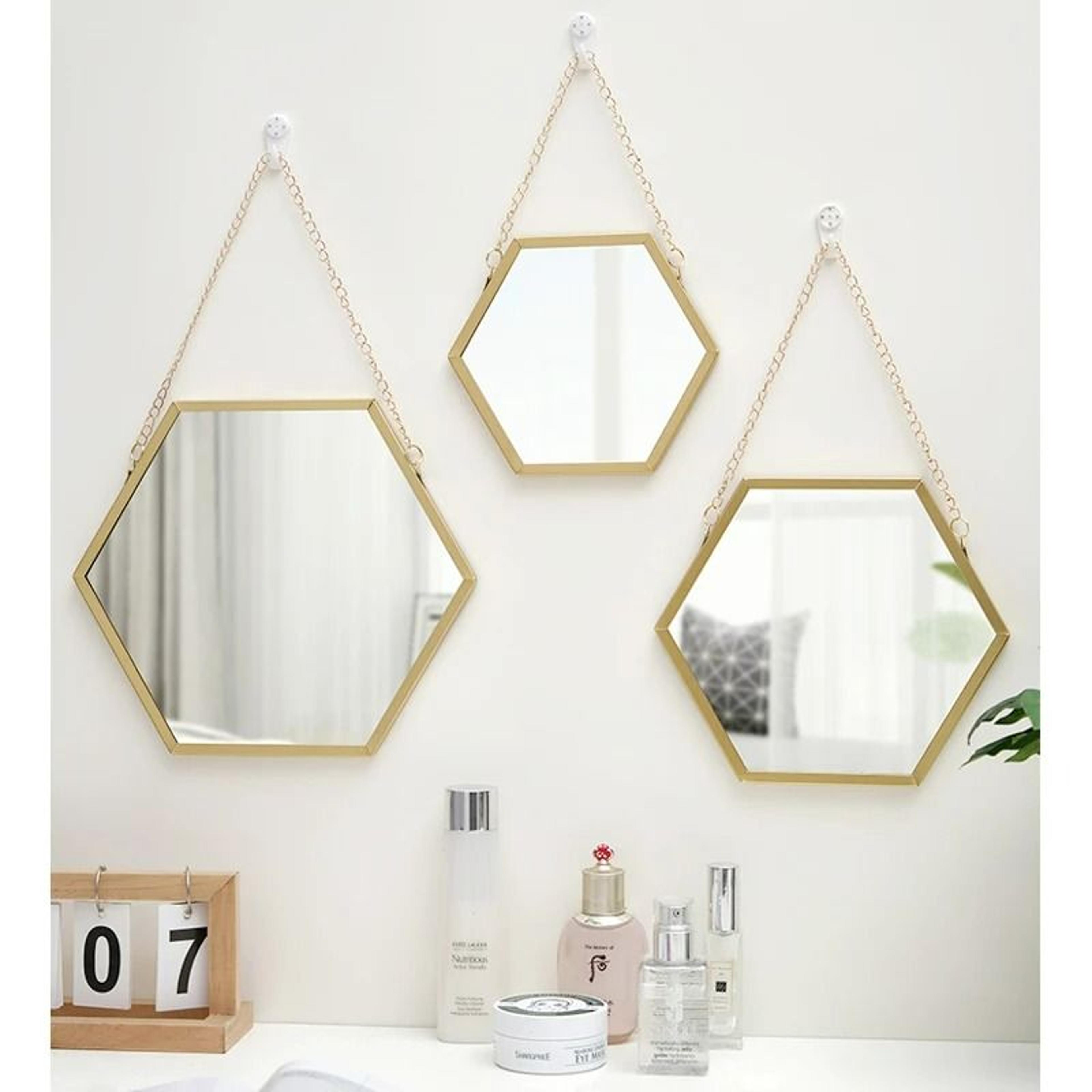 hexagon metal hanging wall decorative mirror with chain