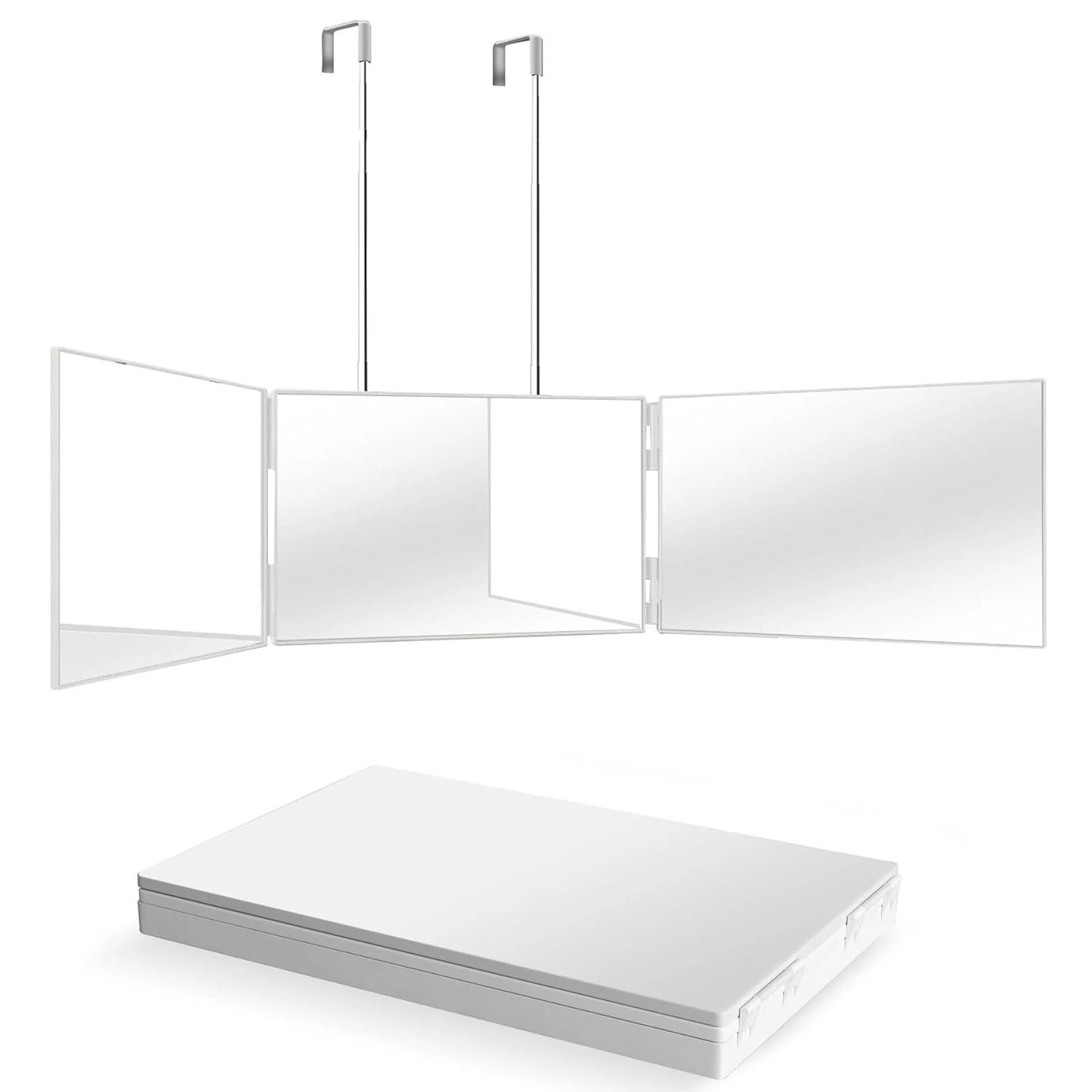 portable trifold self-haircut & vanity mirror with height-adjustable hooks