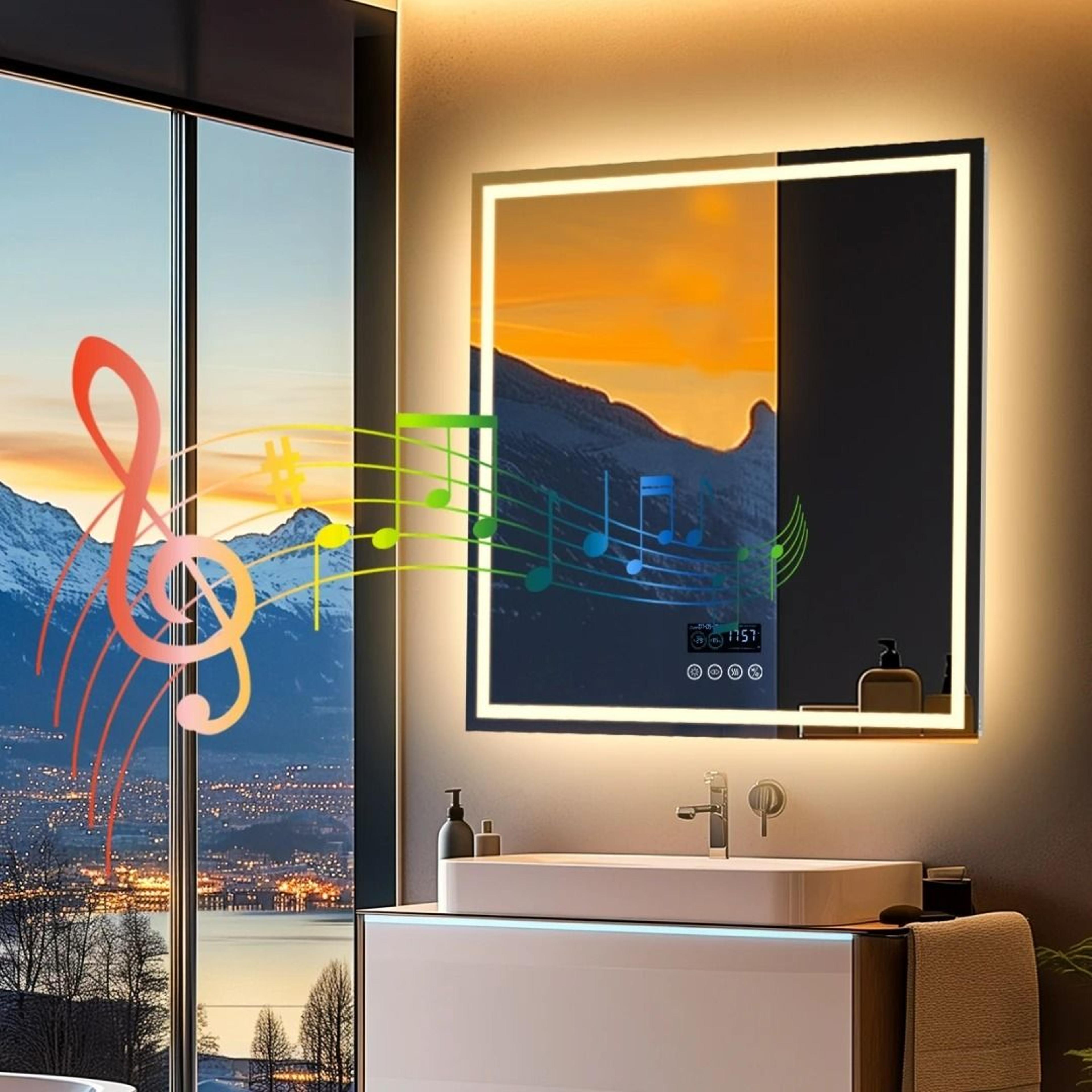 square smart led bathroom mirror with bluetooth, clock & temperature display