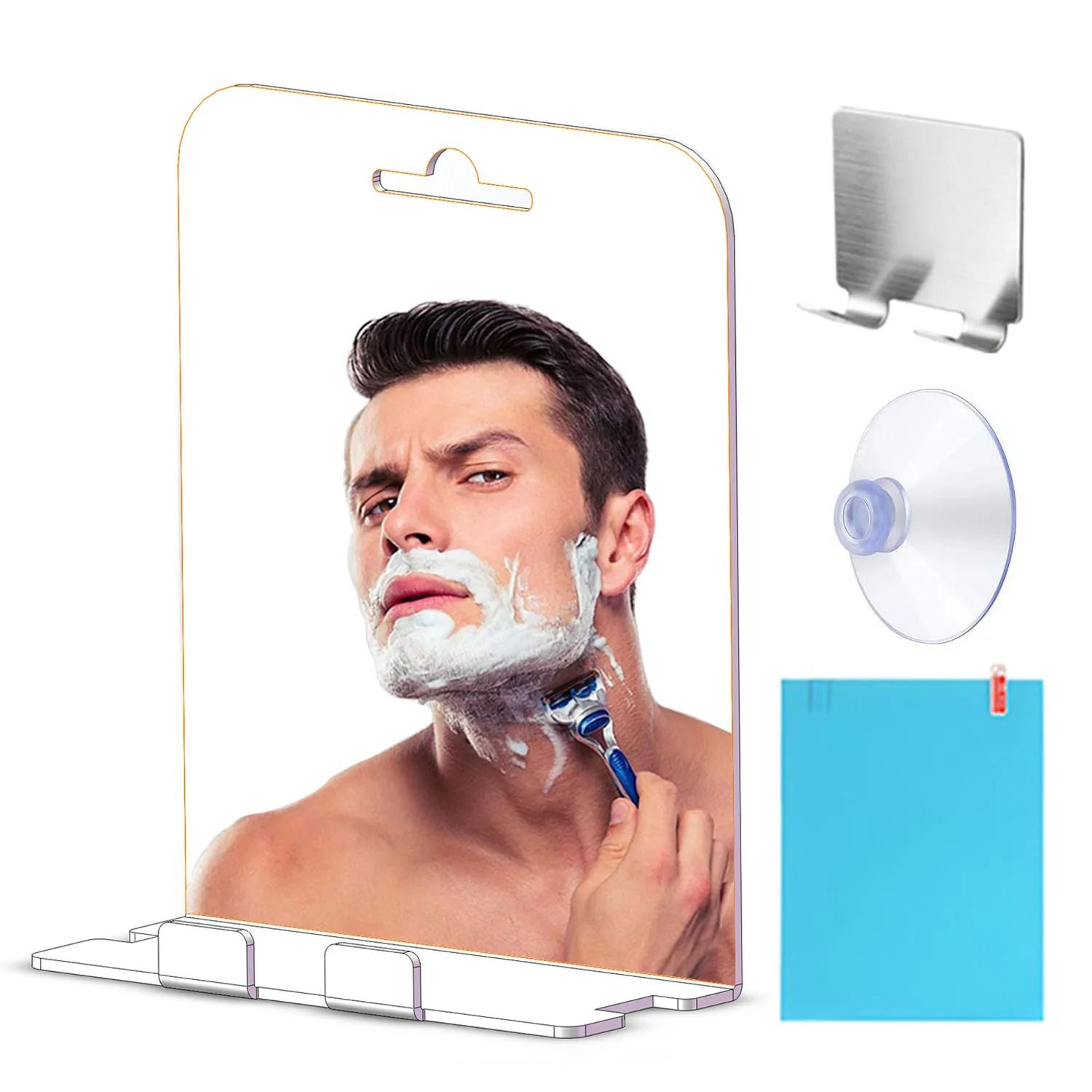 acrylic anti-fog shower shaving mirror with built-in shelf & stainless steel hook