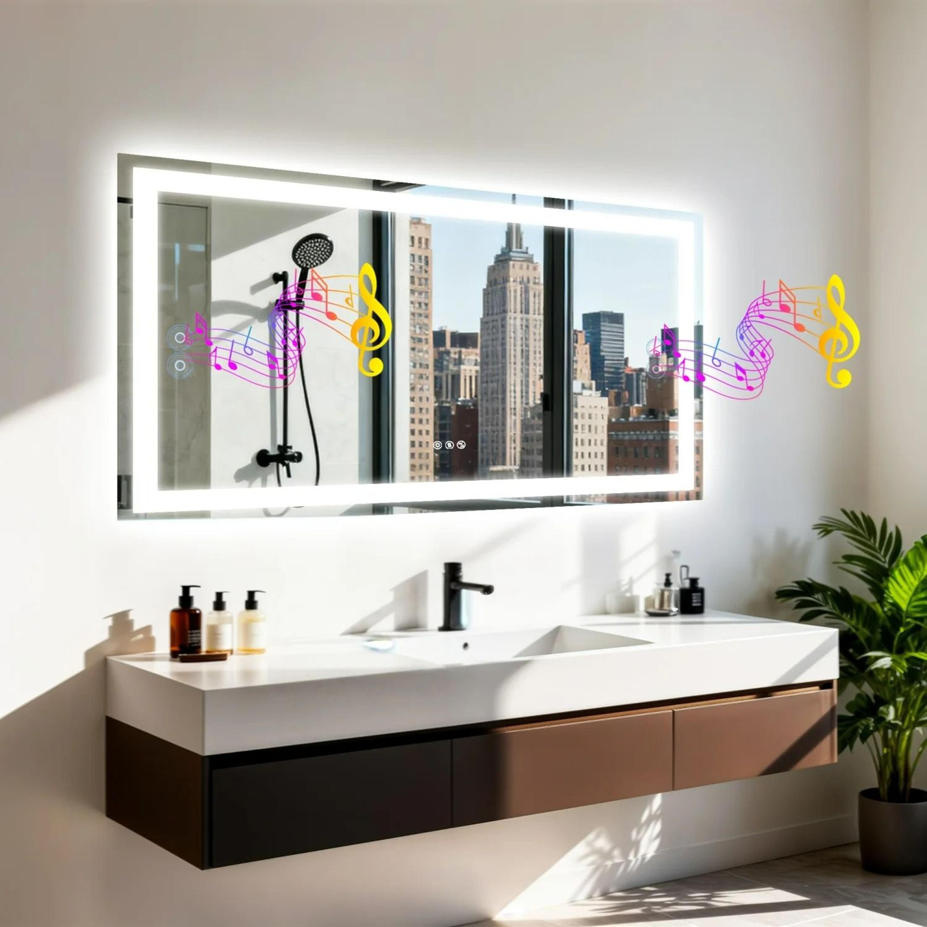 dimmable backlit led bathroom mirror with integrated bluetooth speaker & defogger