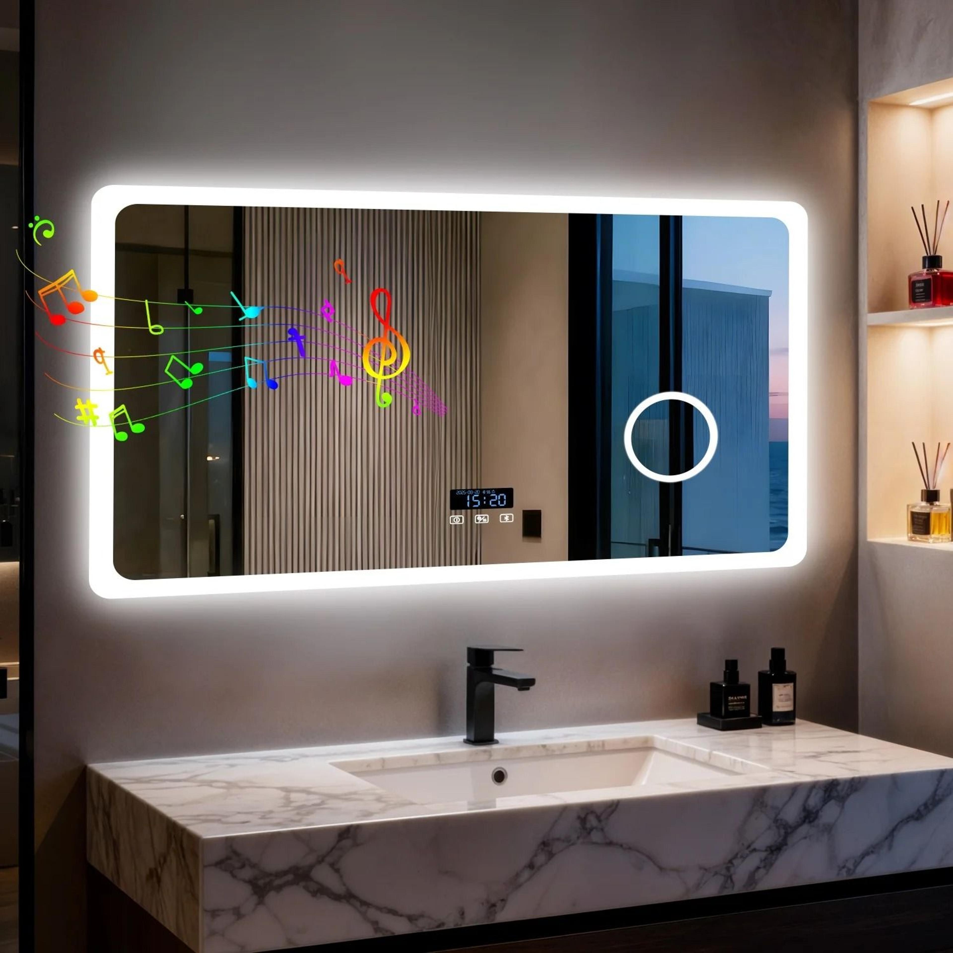 backlit led bathroom mirror with integrated 3x magnifier, bluetooth & screen display