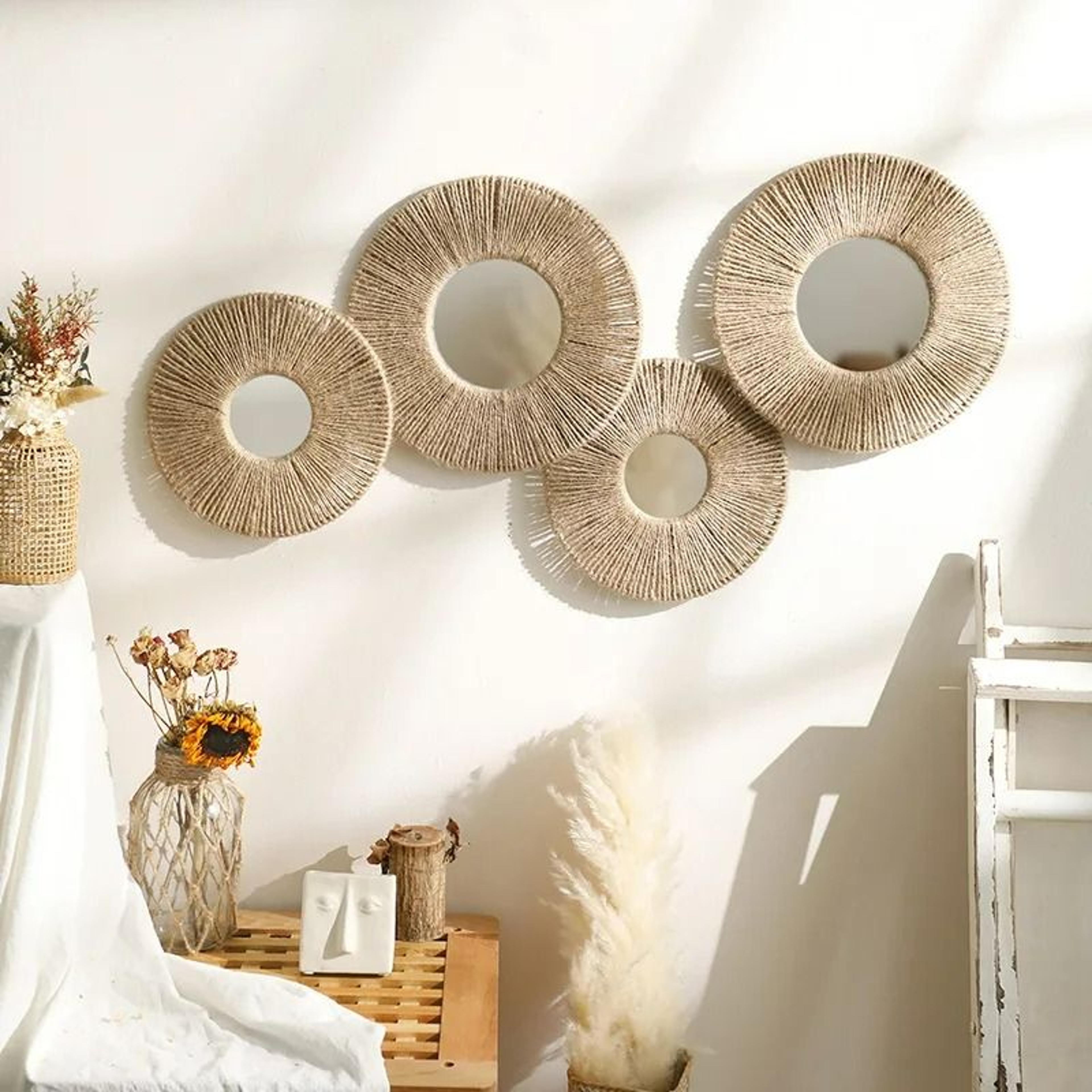 boho round decorative wall mirror with natural hemp rope