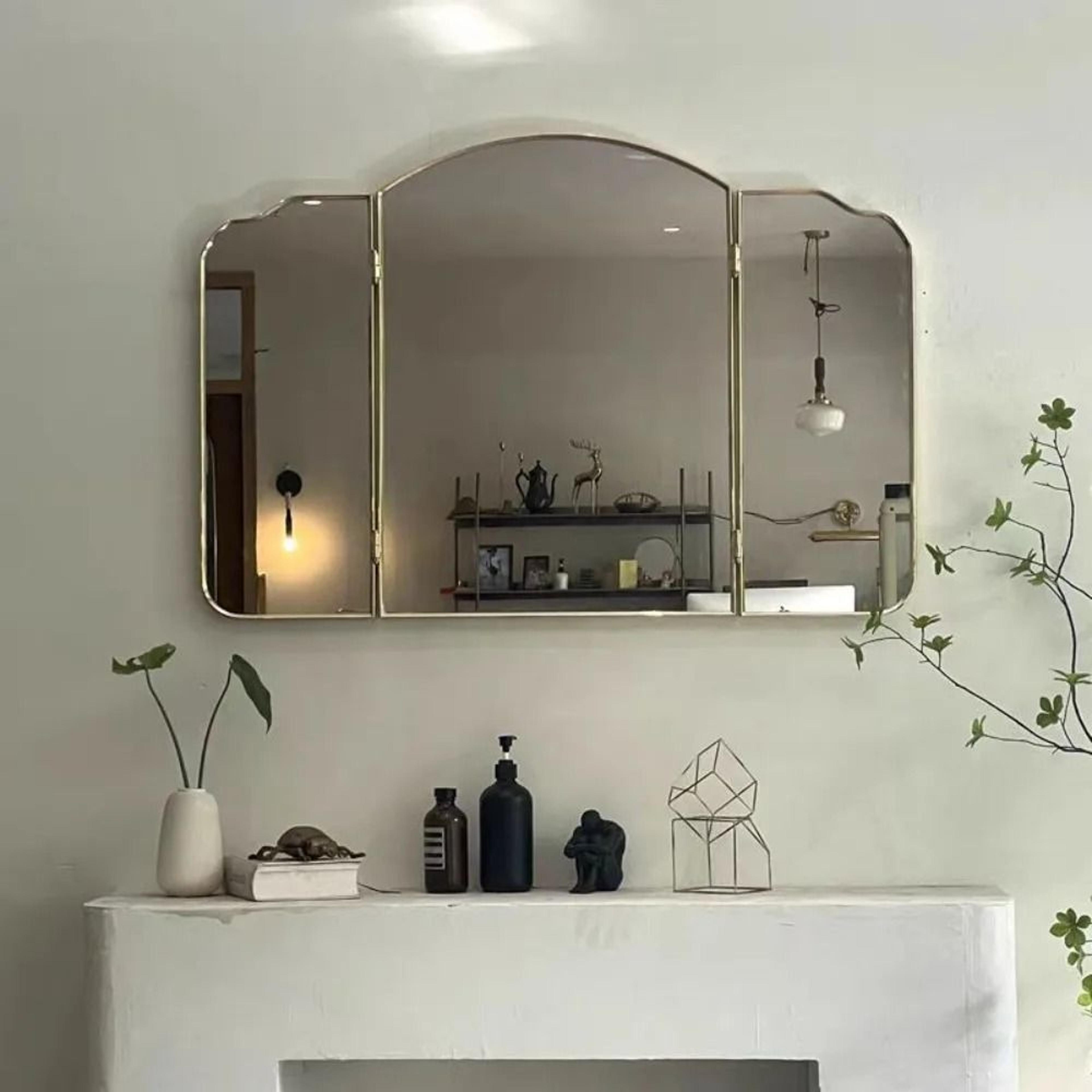 retro luxury triple-fold wall mirror with stainless steel frame