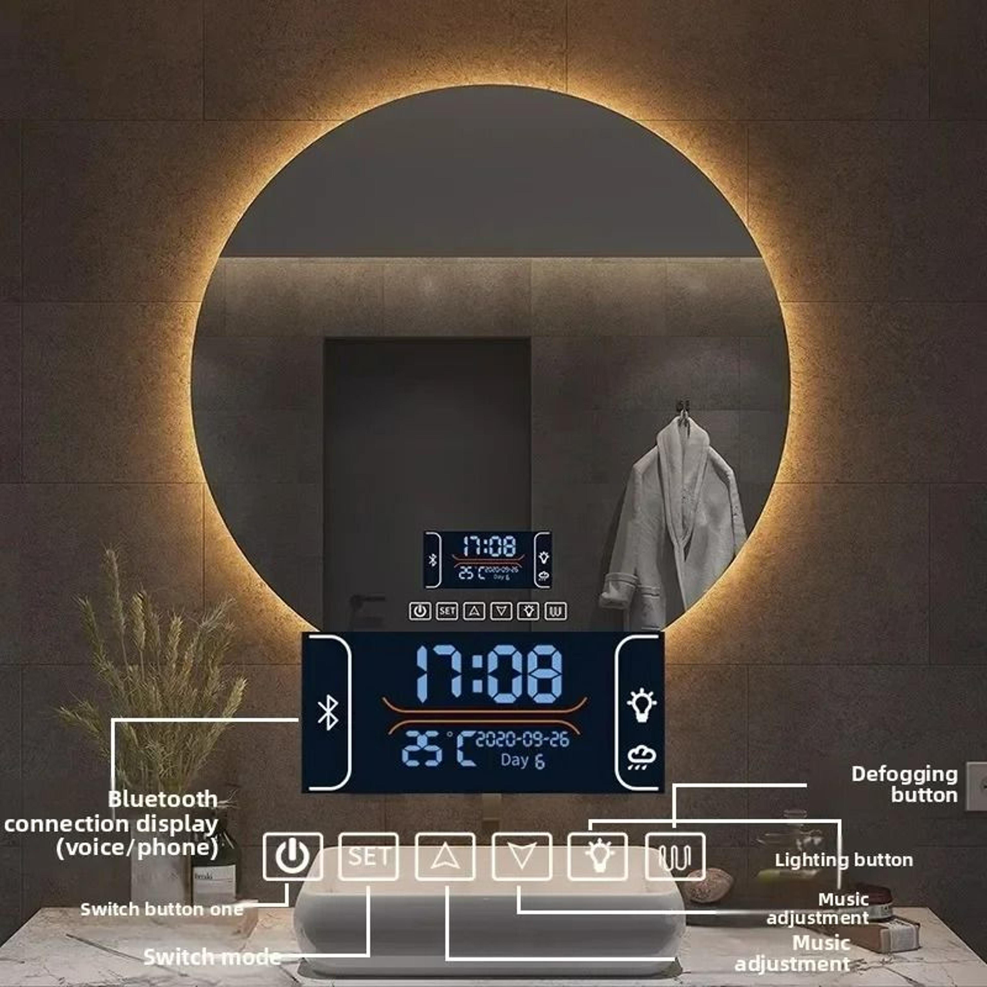 round smart led illuminated bathroom wall mirror with anti-fog touch controls