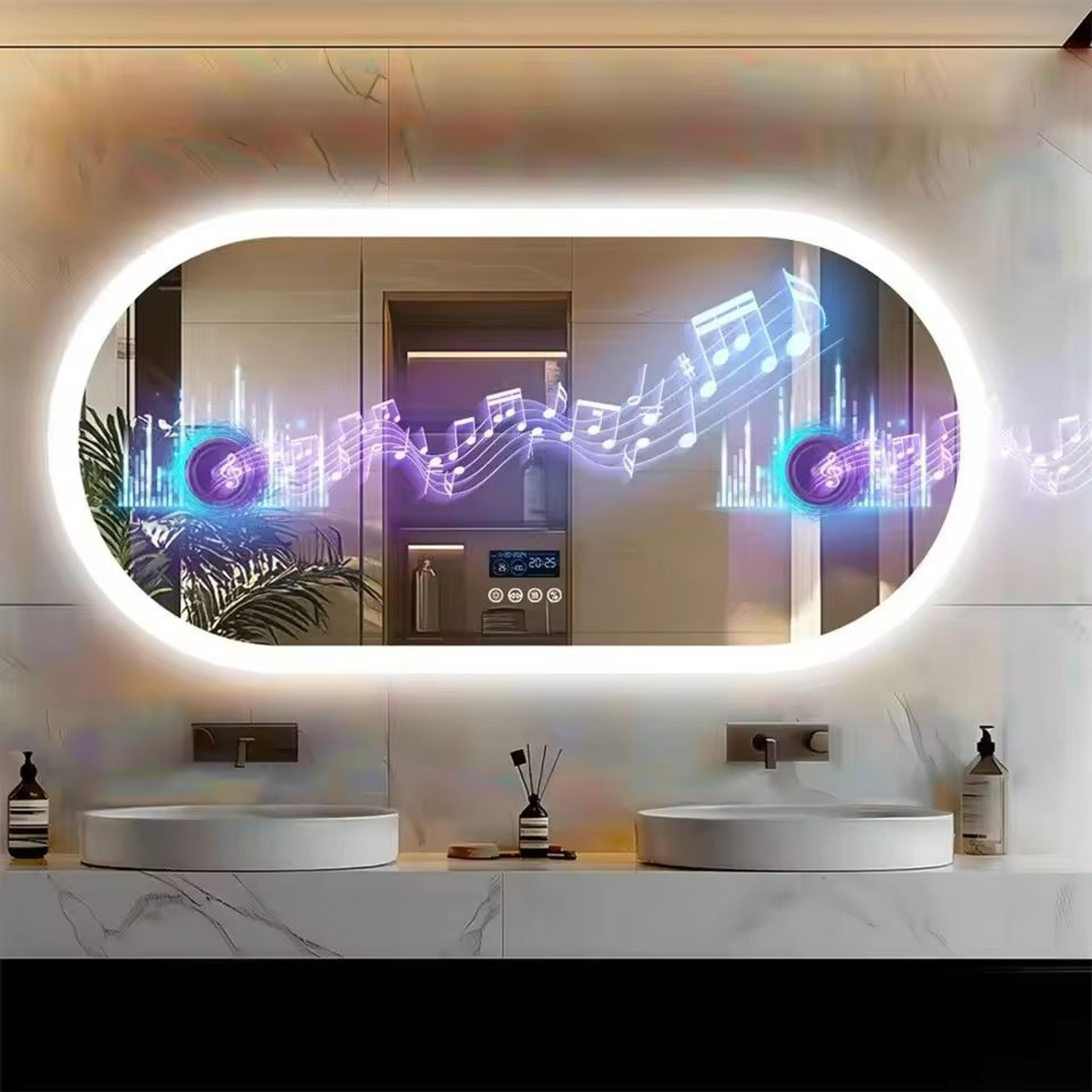 large oval dual front & backlit smart led mirror with bluetooth & digital display