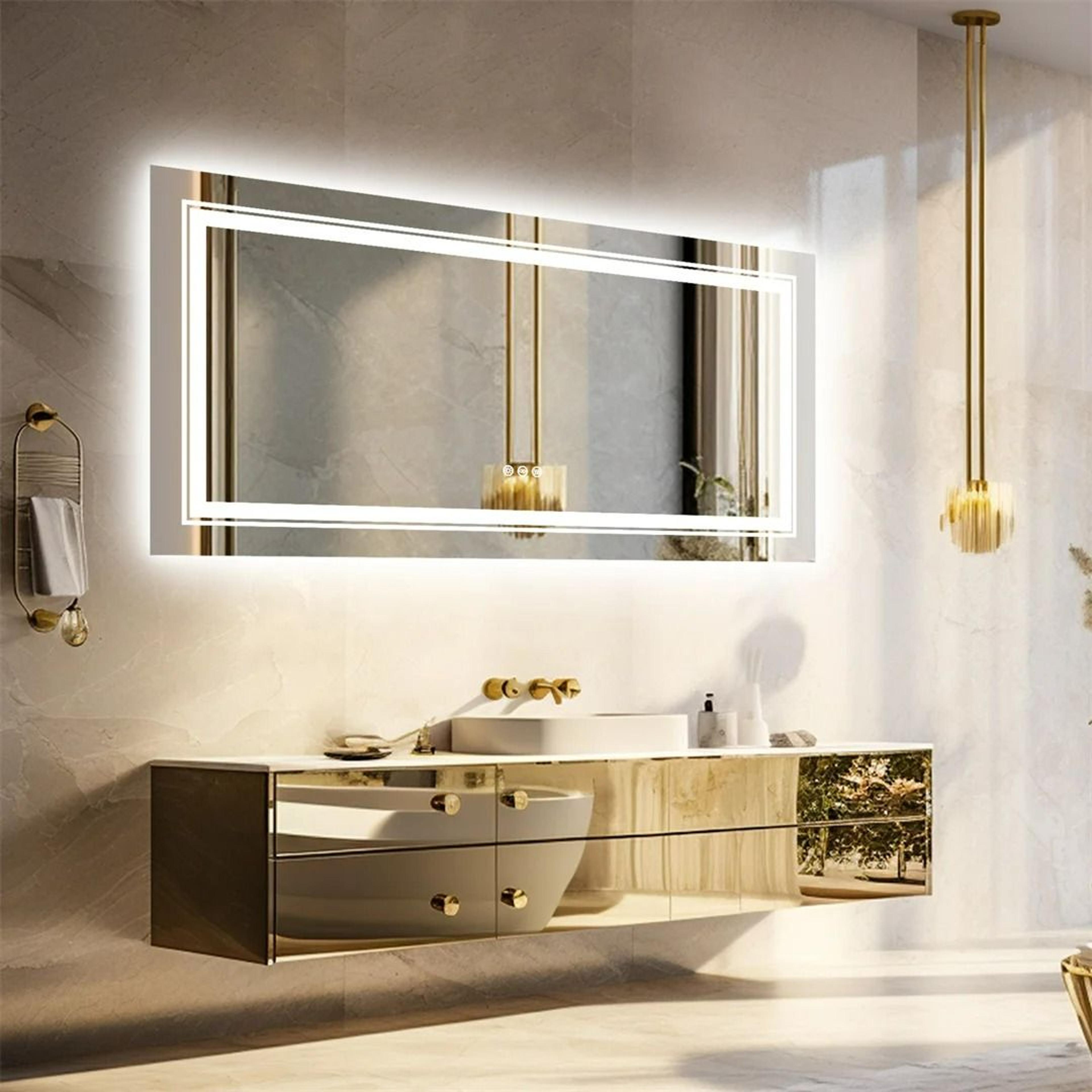 large dimmable illuminated vanity mirror with tri-color led lighting
