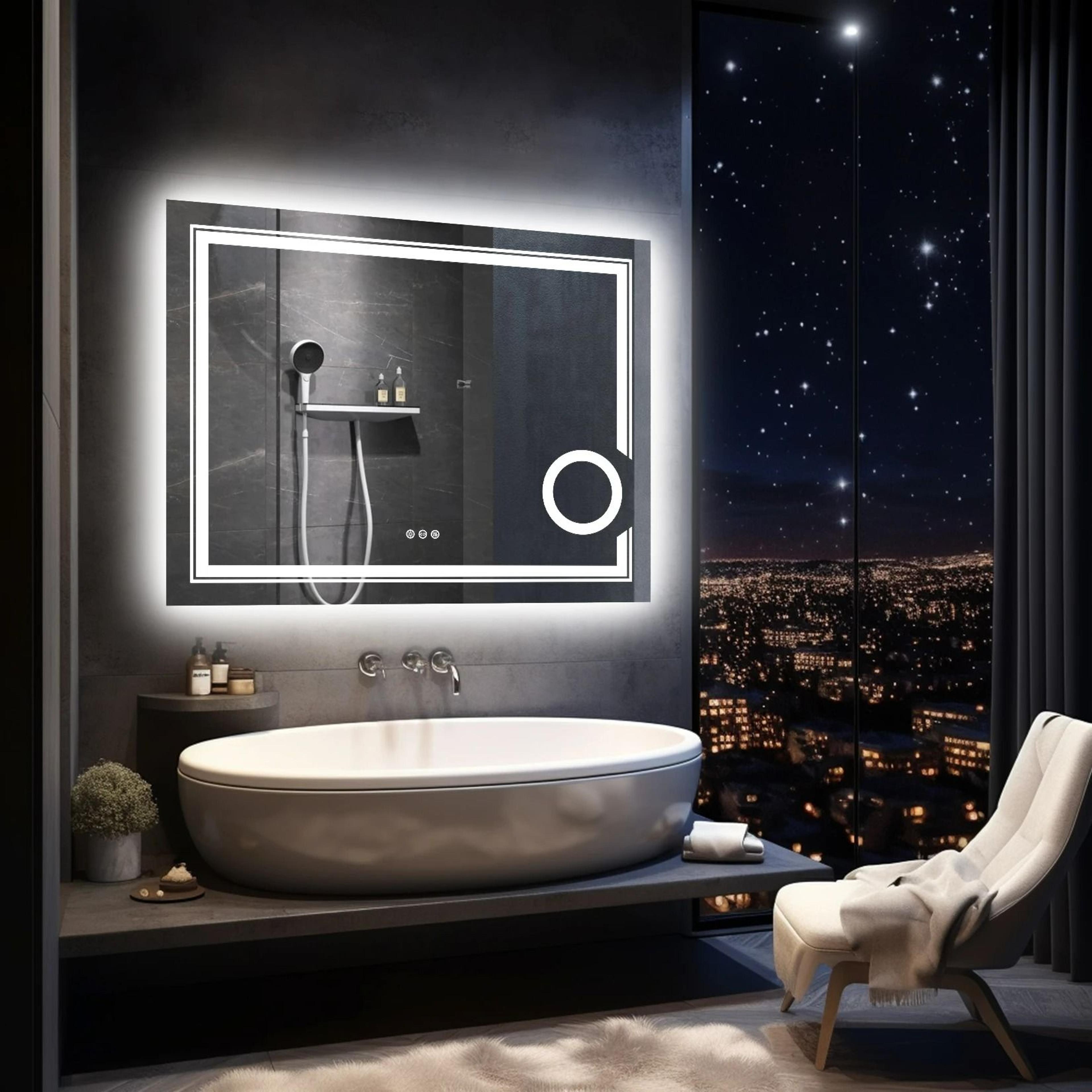 smart wall-mounted dual frontlit & backlit led bathroom mirror with integrated 3x magnifier