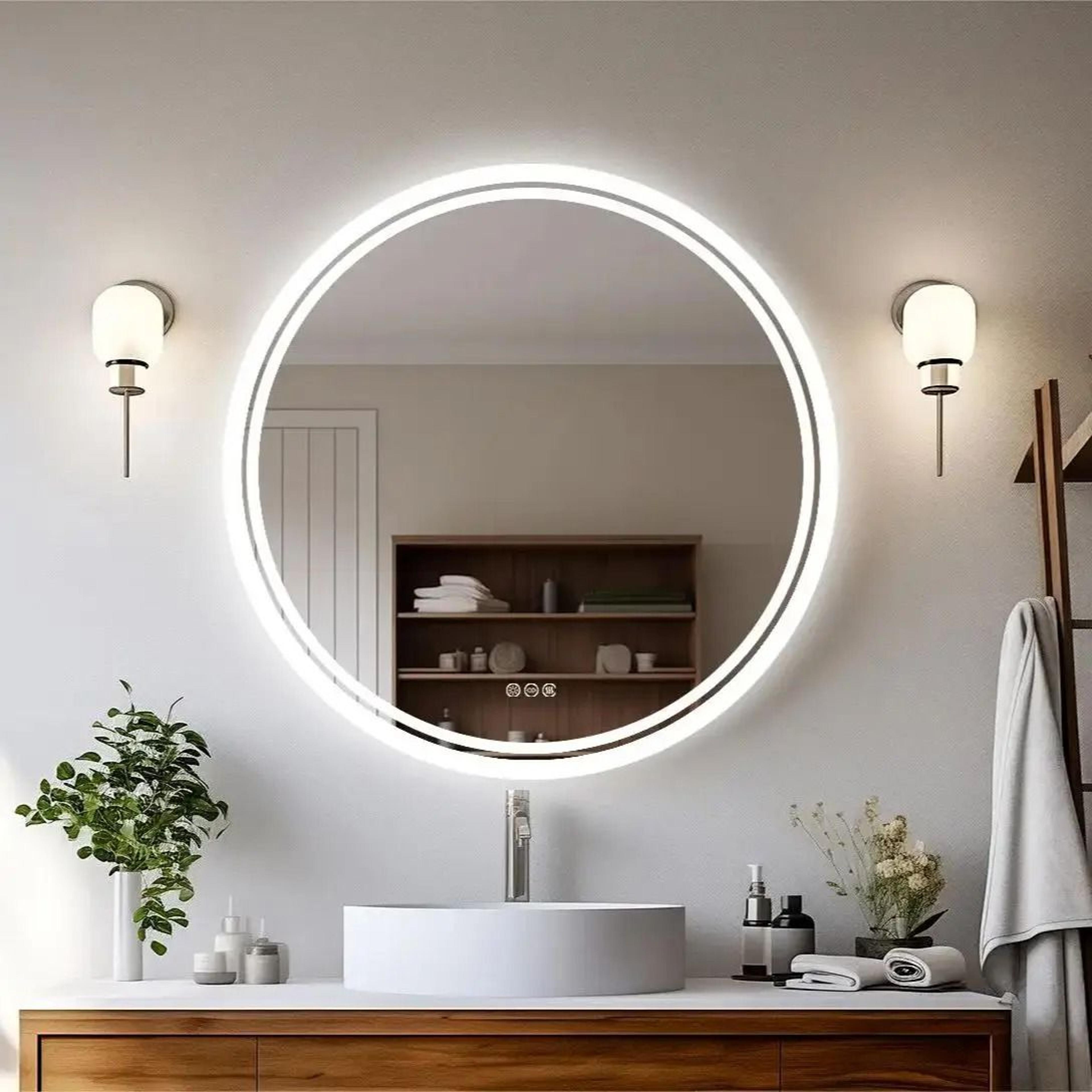large round smart led bathroom vanity mirror with defogger