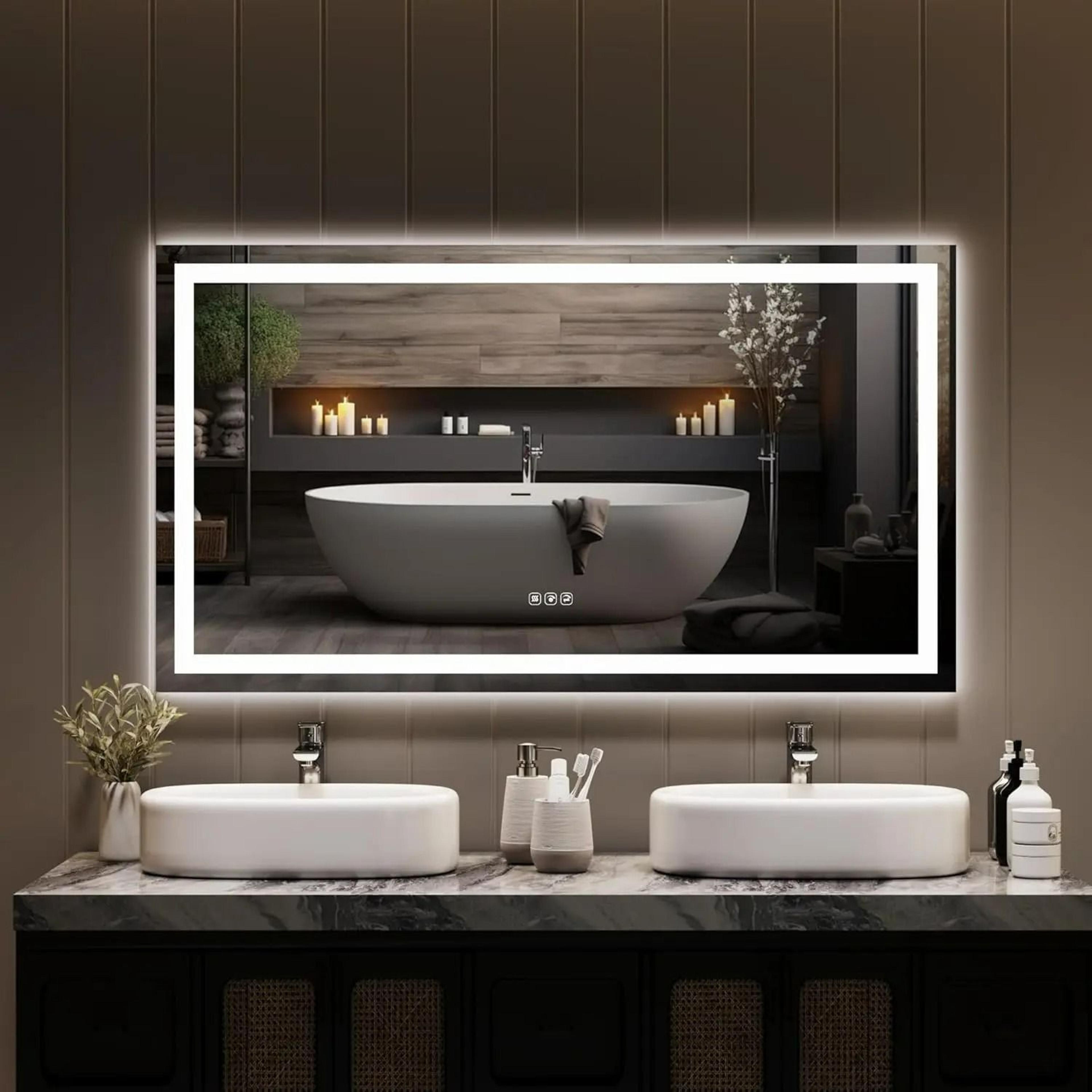 elite dual frontlit & backlit shatterproof led bathroom vanity mirror with defogger & memory