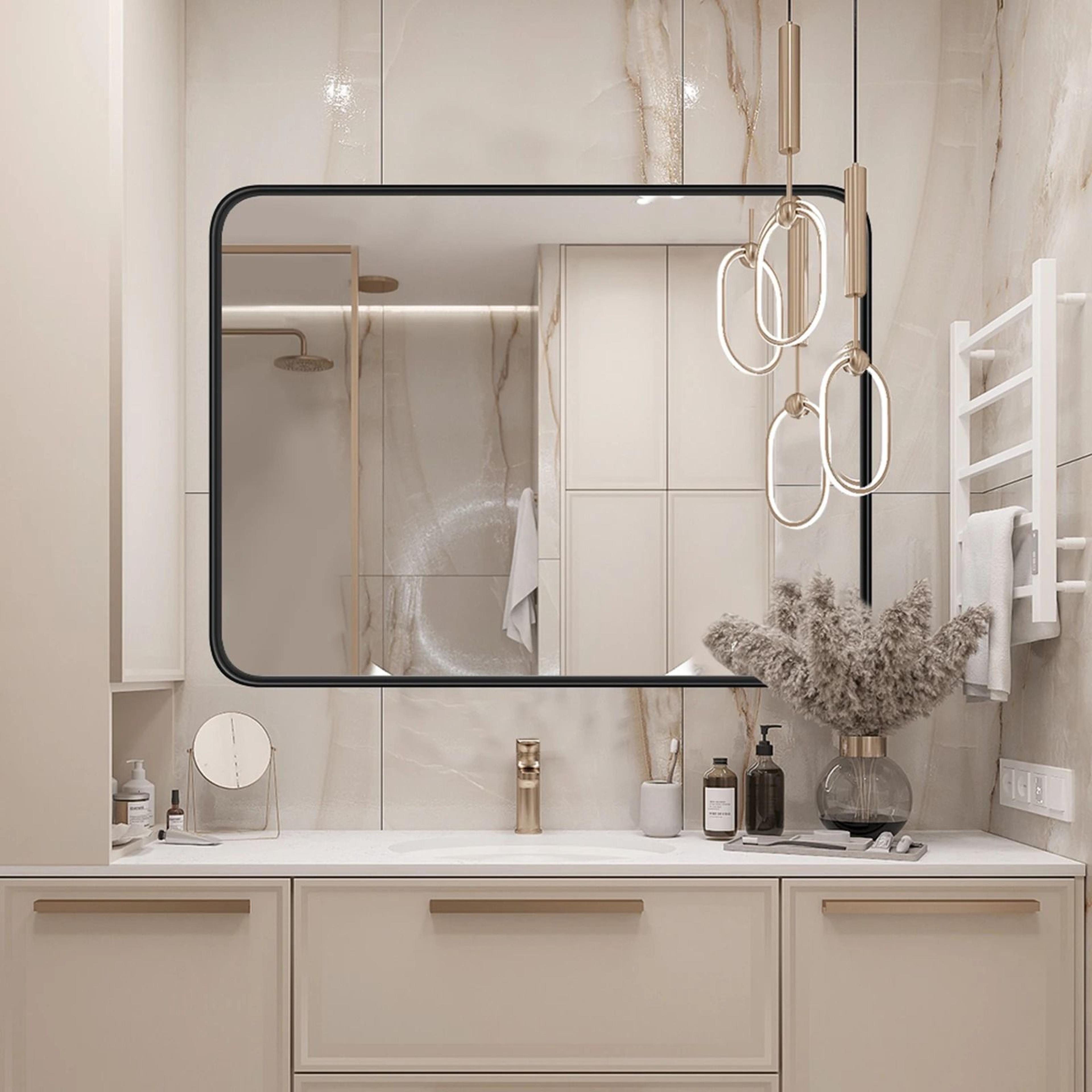 matte metal framed rectangular rounded corner tempered glass bathroom mirror