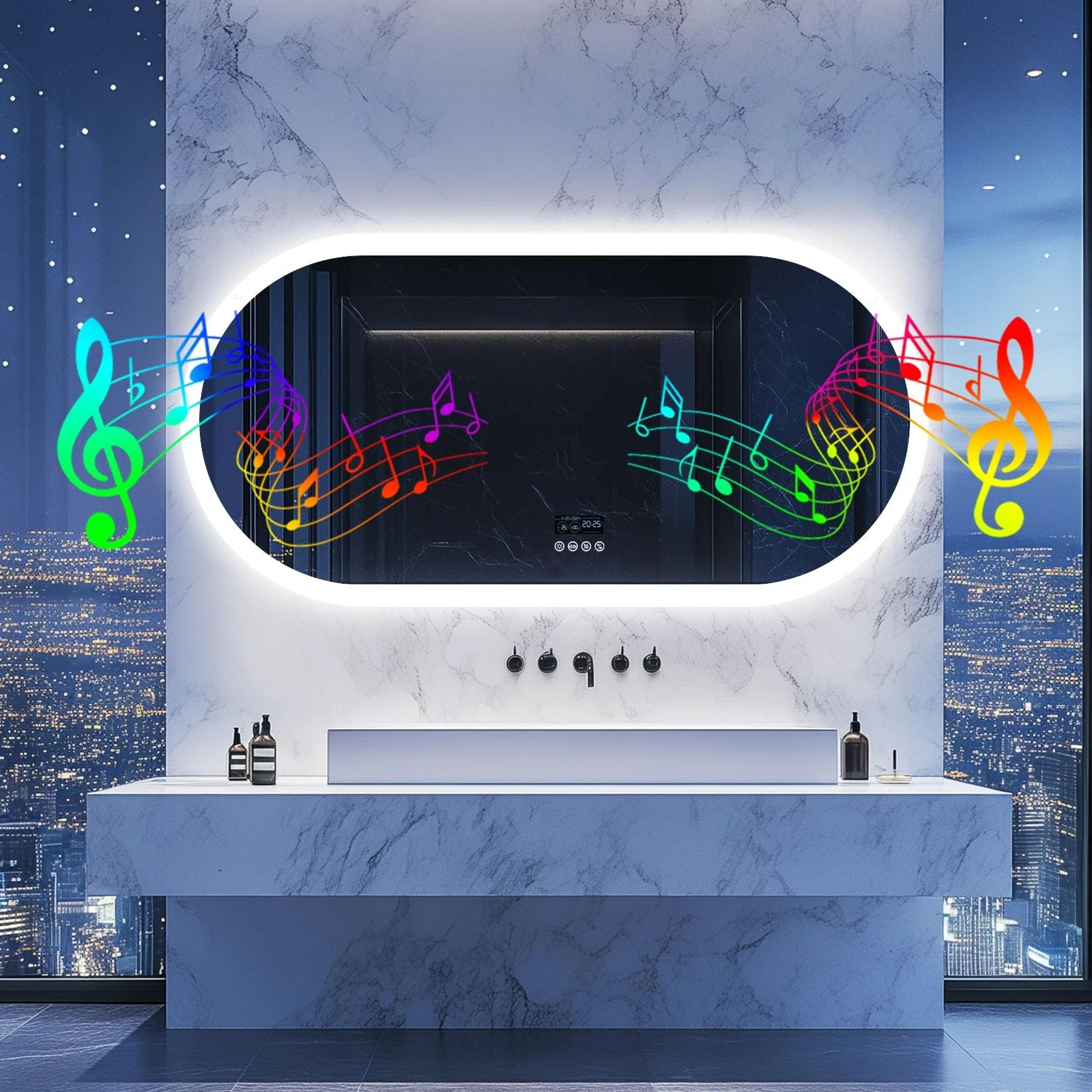oval smart led bathroom vanity mirror with bluetooth speaker & defogger