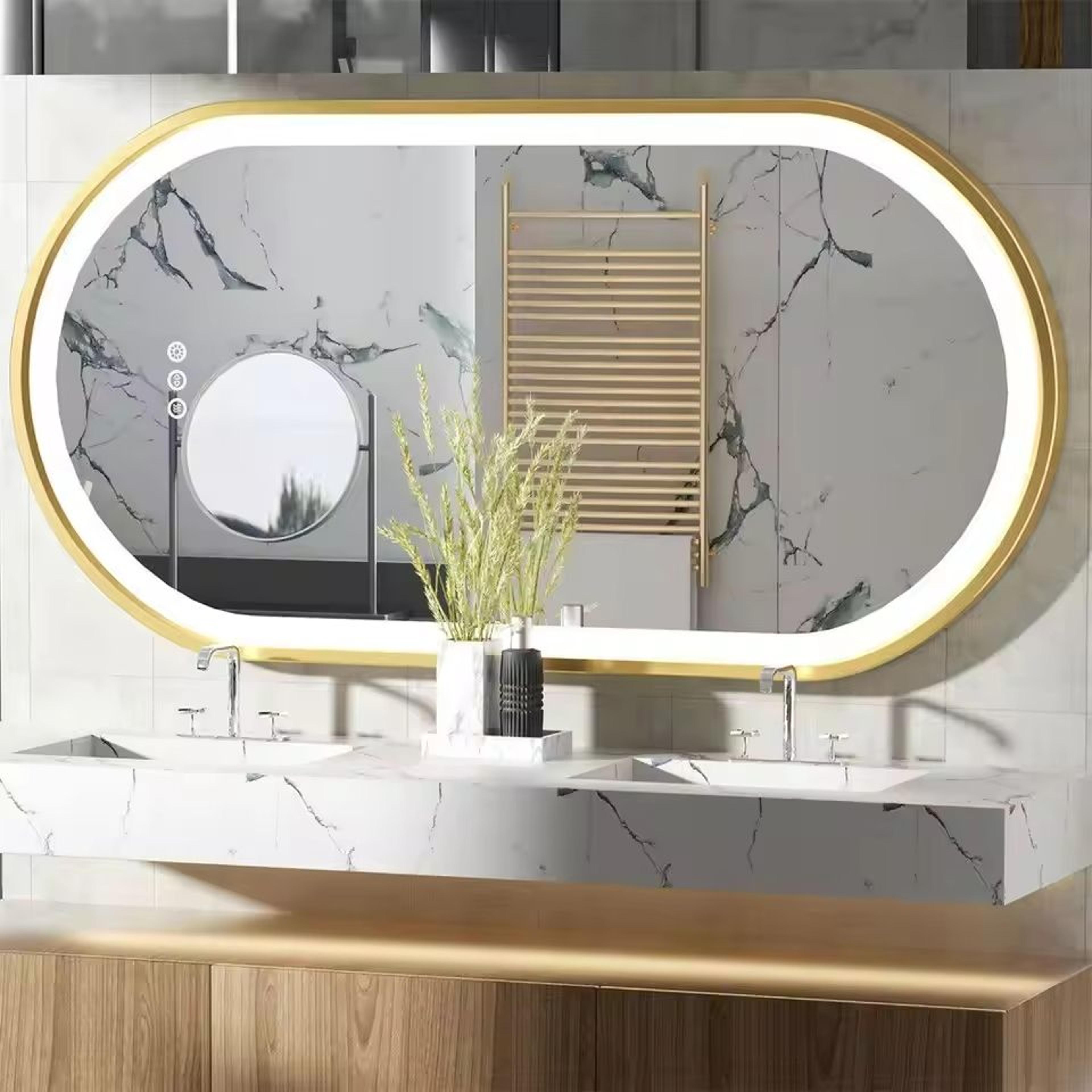 oval illuminated led bathroom mirror with brushed gold aluminum frame & defogger
