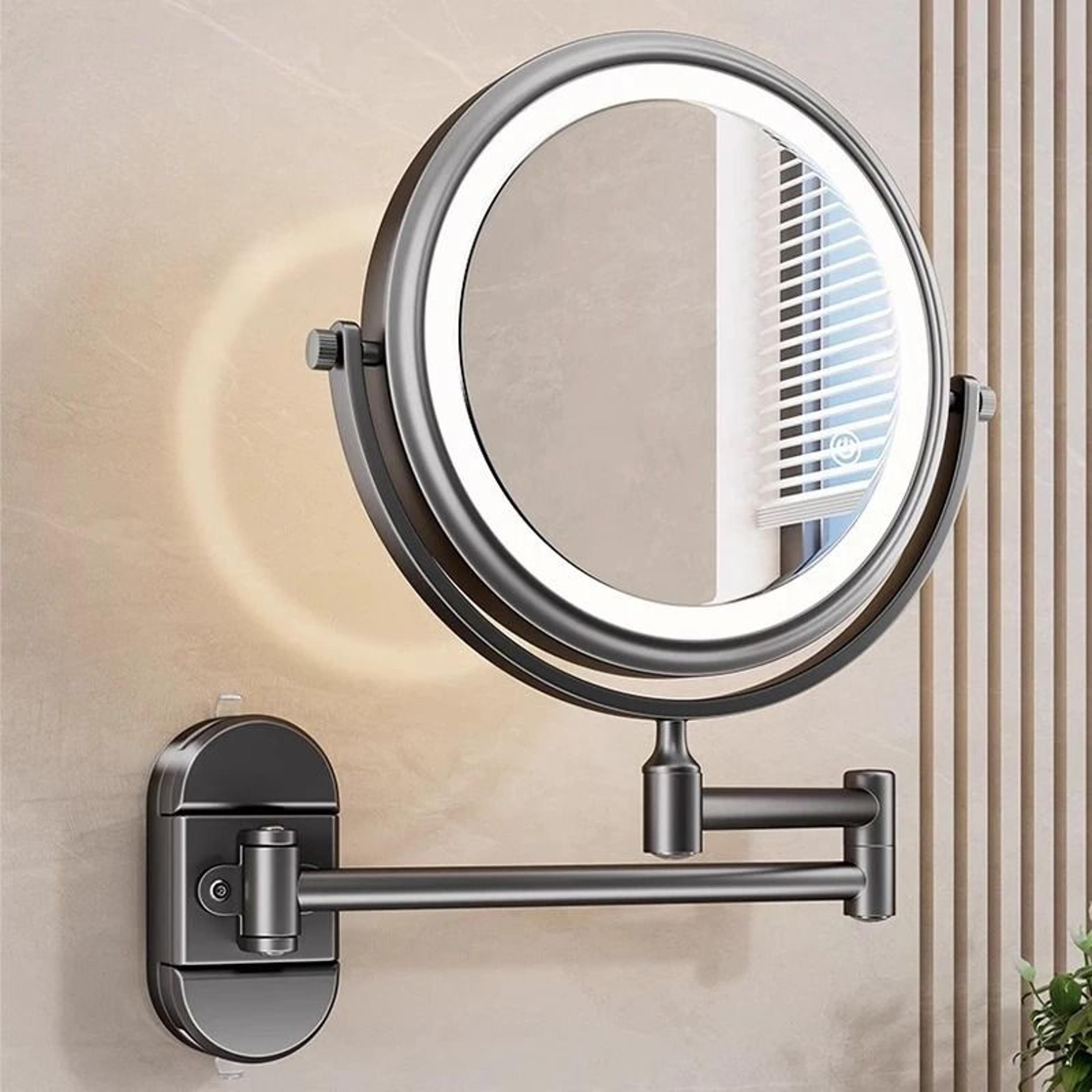 folding dual-sided illuminated wall mirror with rechargeable battery & suction mount