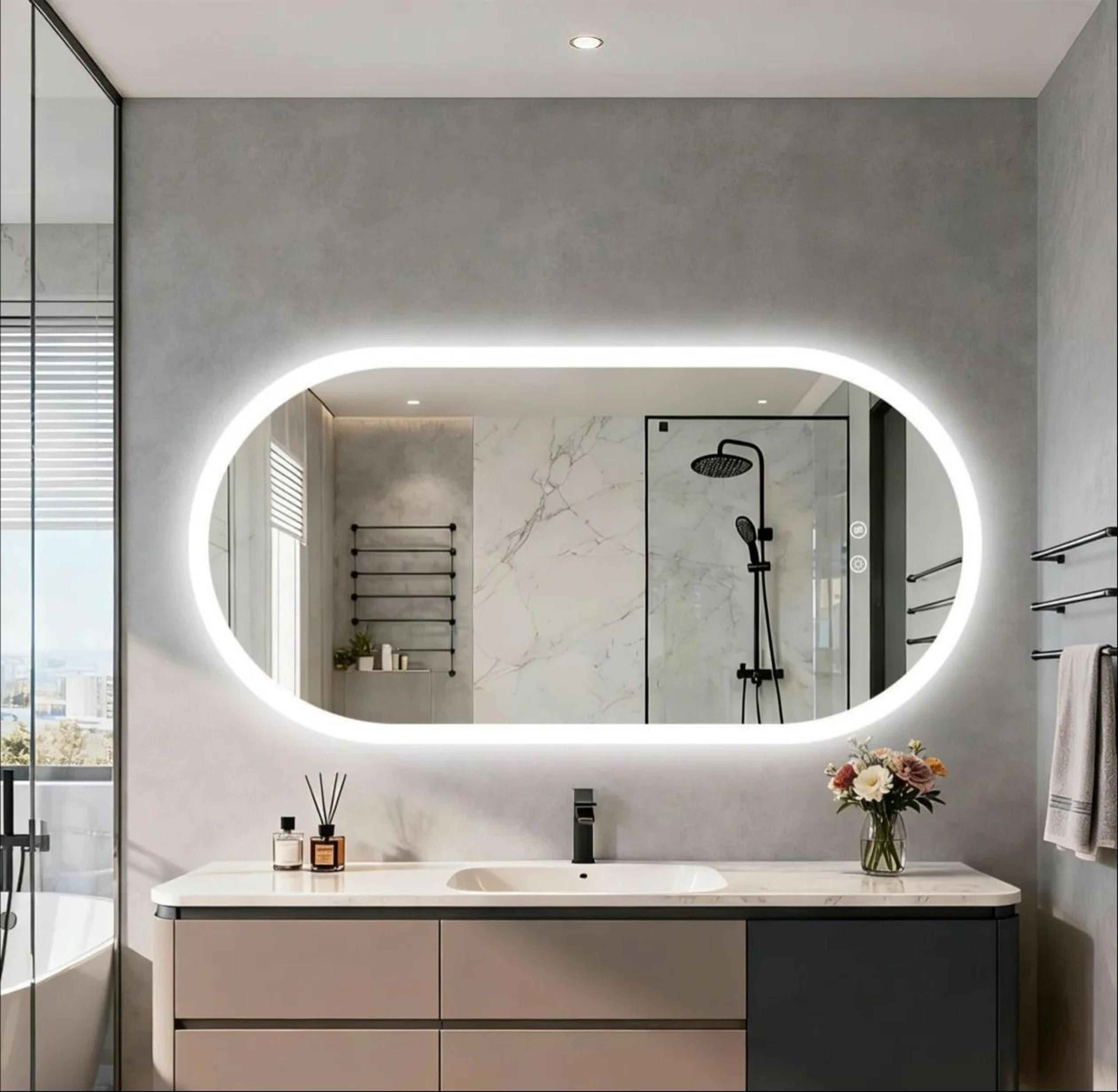 long oval backlit smart led bathroom vanity mirror with defogger & memory