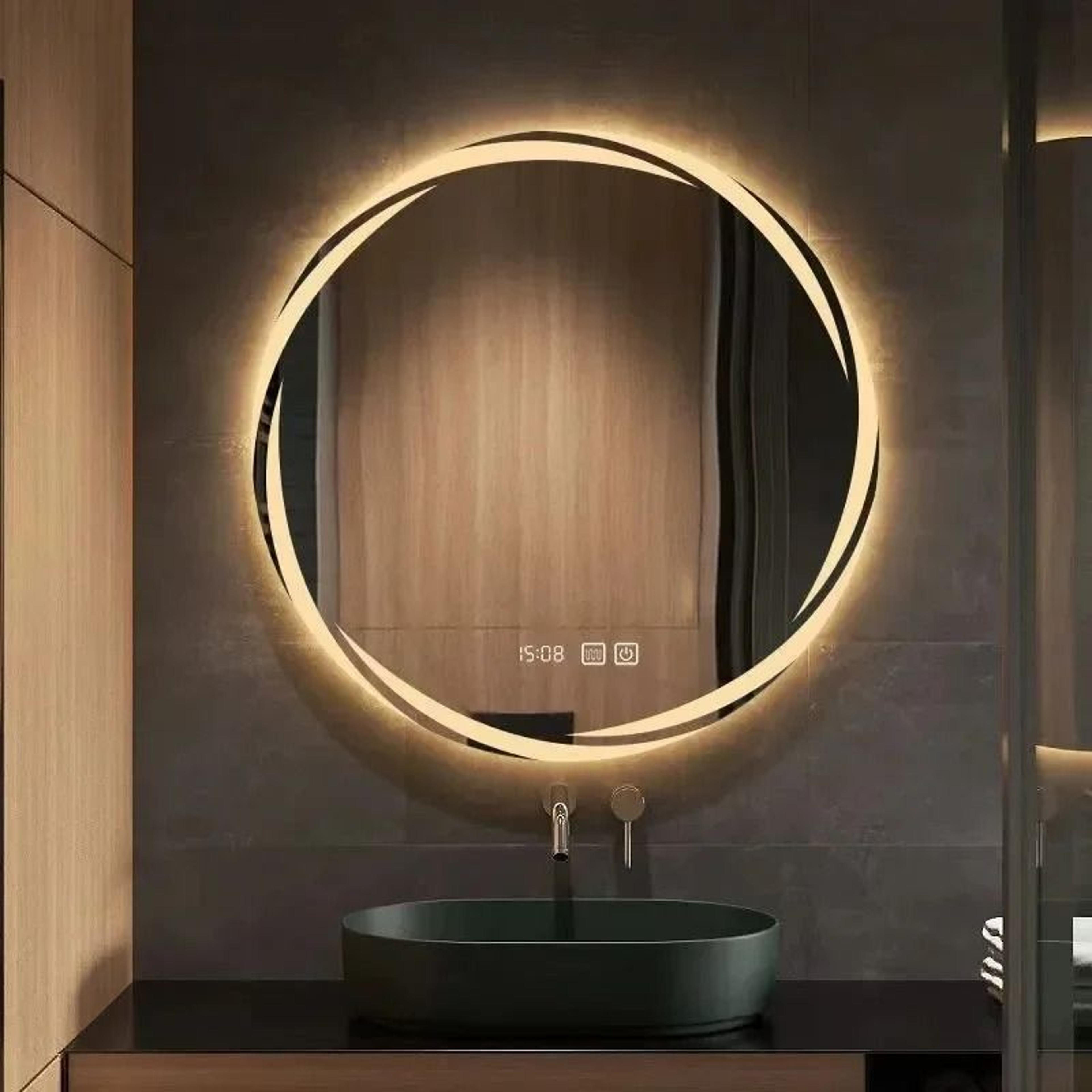 27.6-inch round backlit smart led bathroom vanity mirror with defogger