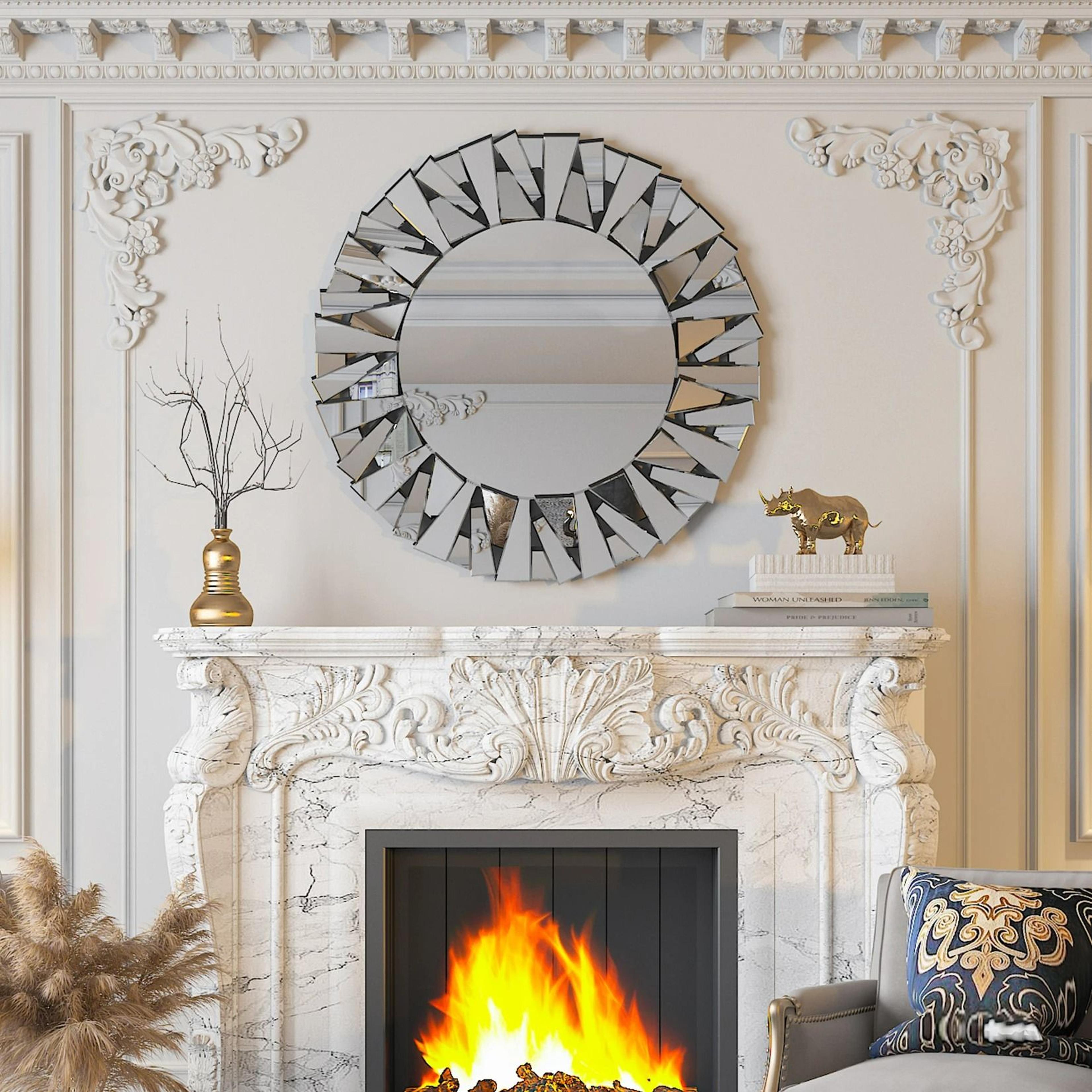 32-inch modern silver glass sunburst wall mirror