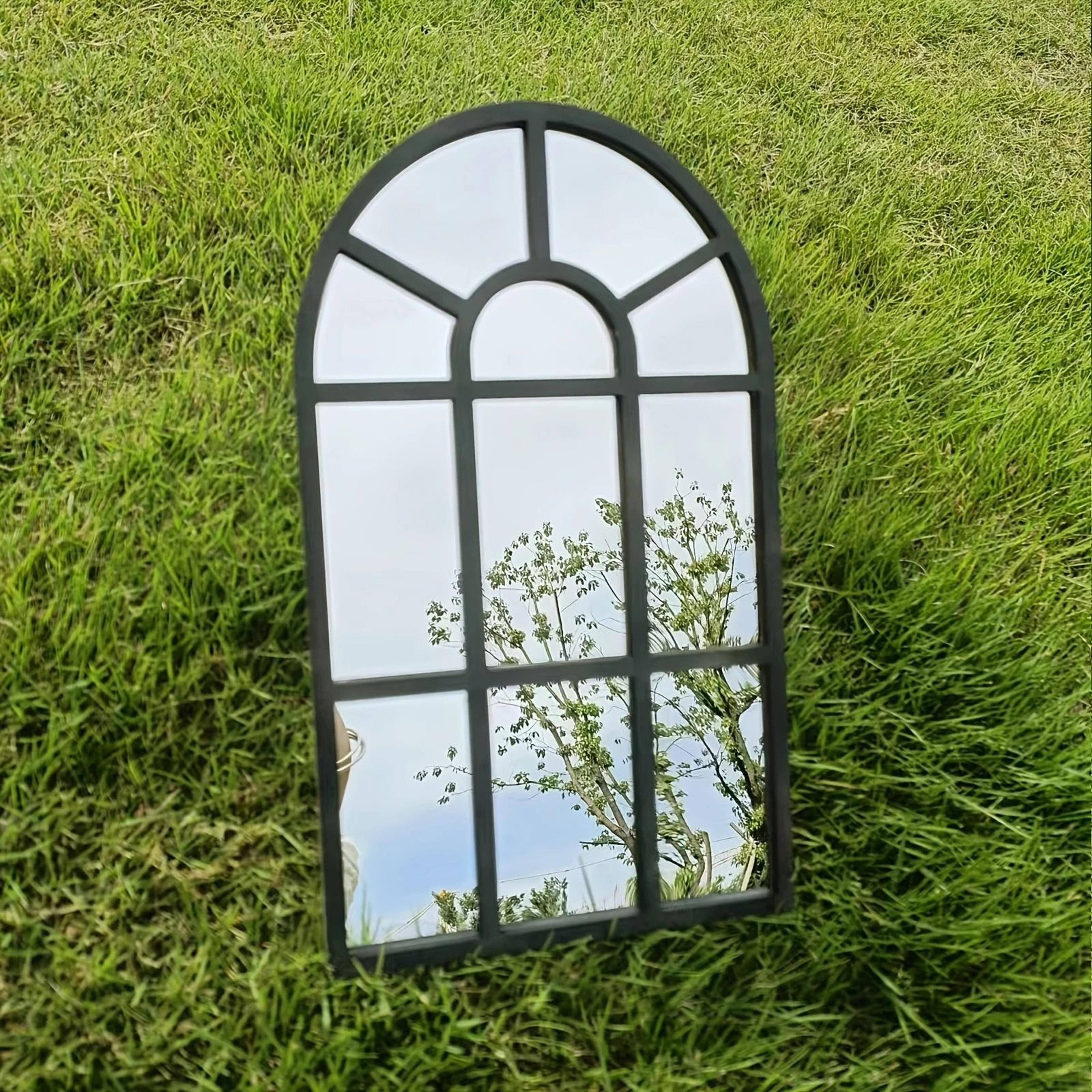 minimalist wooden arched windowpane wall mirror