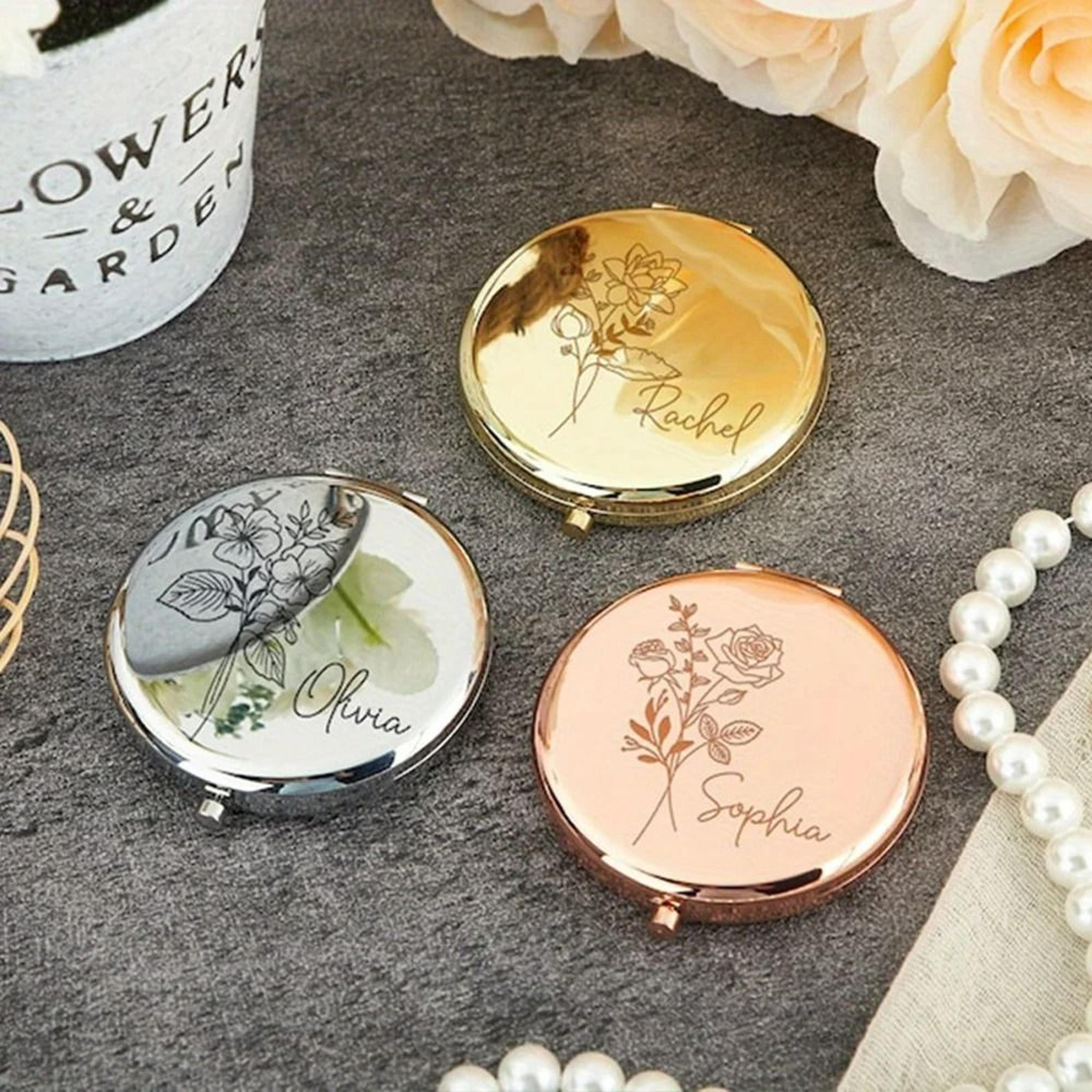 personalized birth flower compact pocket mirror with name engraving