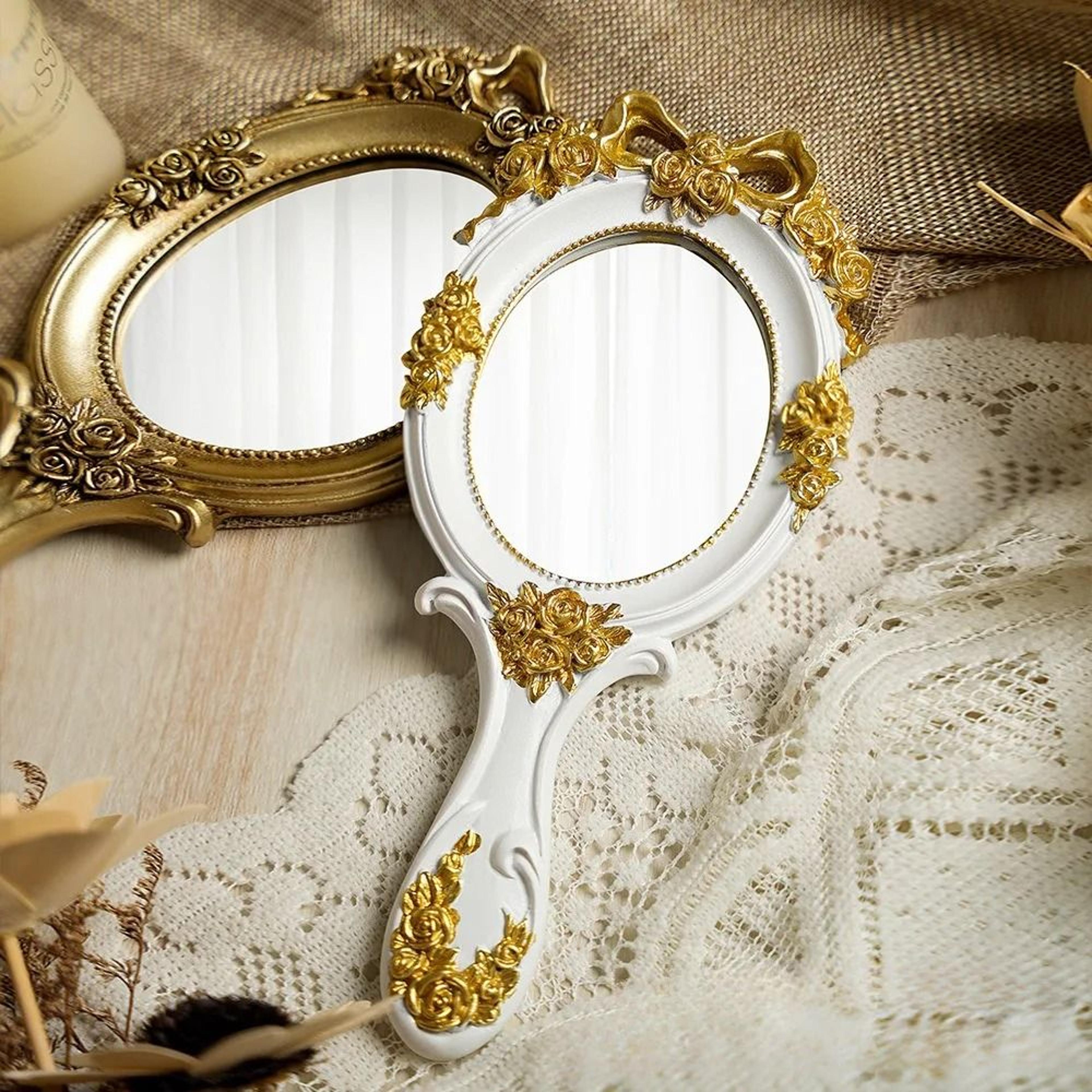 vintage embossed rose handheld vanity makeup mirror